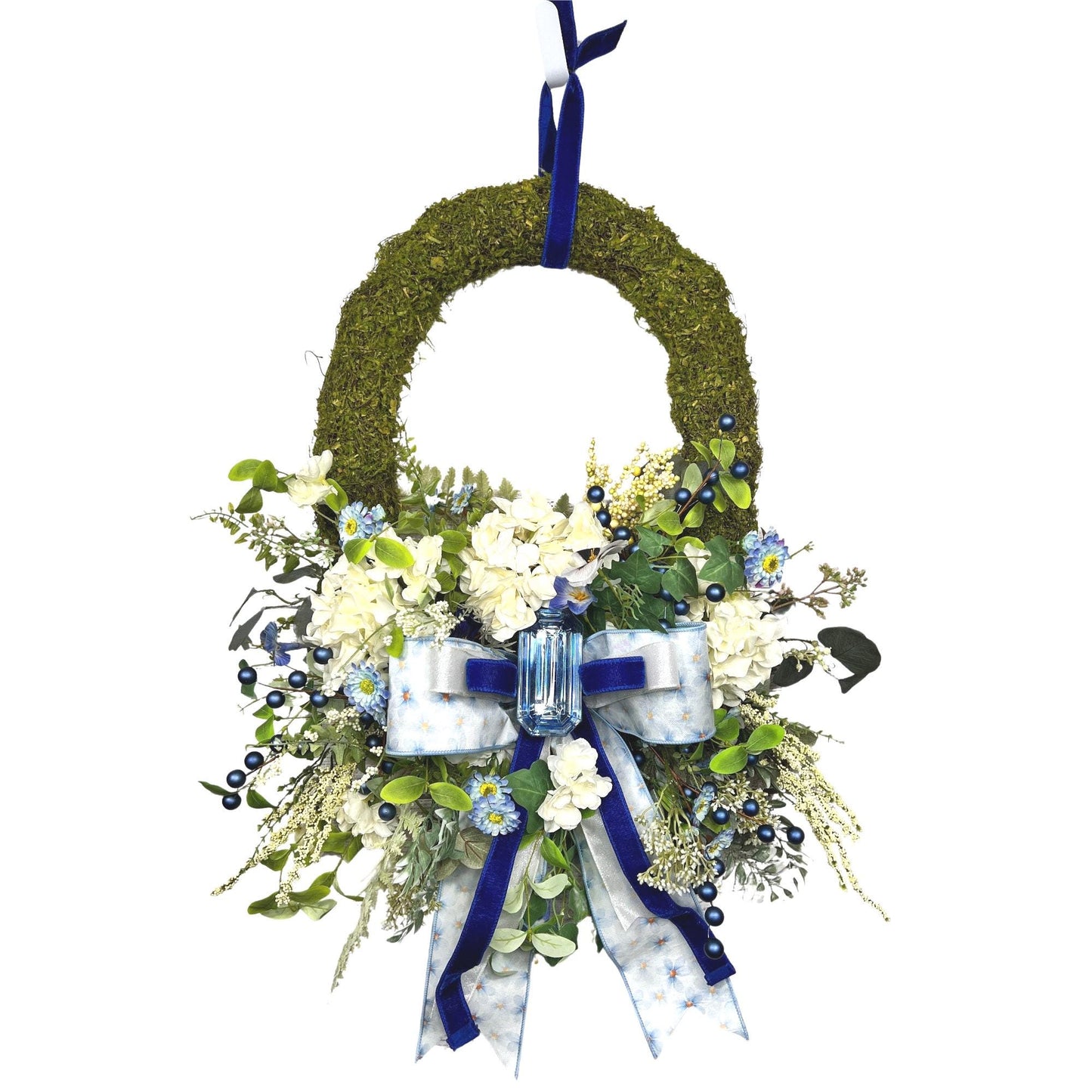 Floral Moss Wreath: Blue Hydrangea, Garden Party Decor