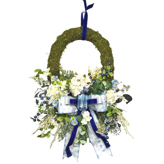Floral Moss Wreath: Blue Hydrangea, Garden Party Decor