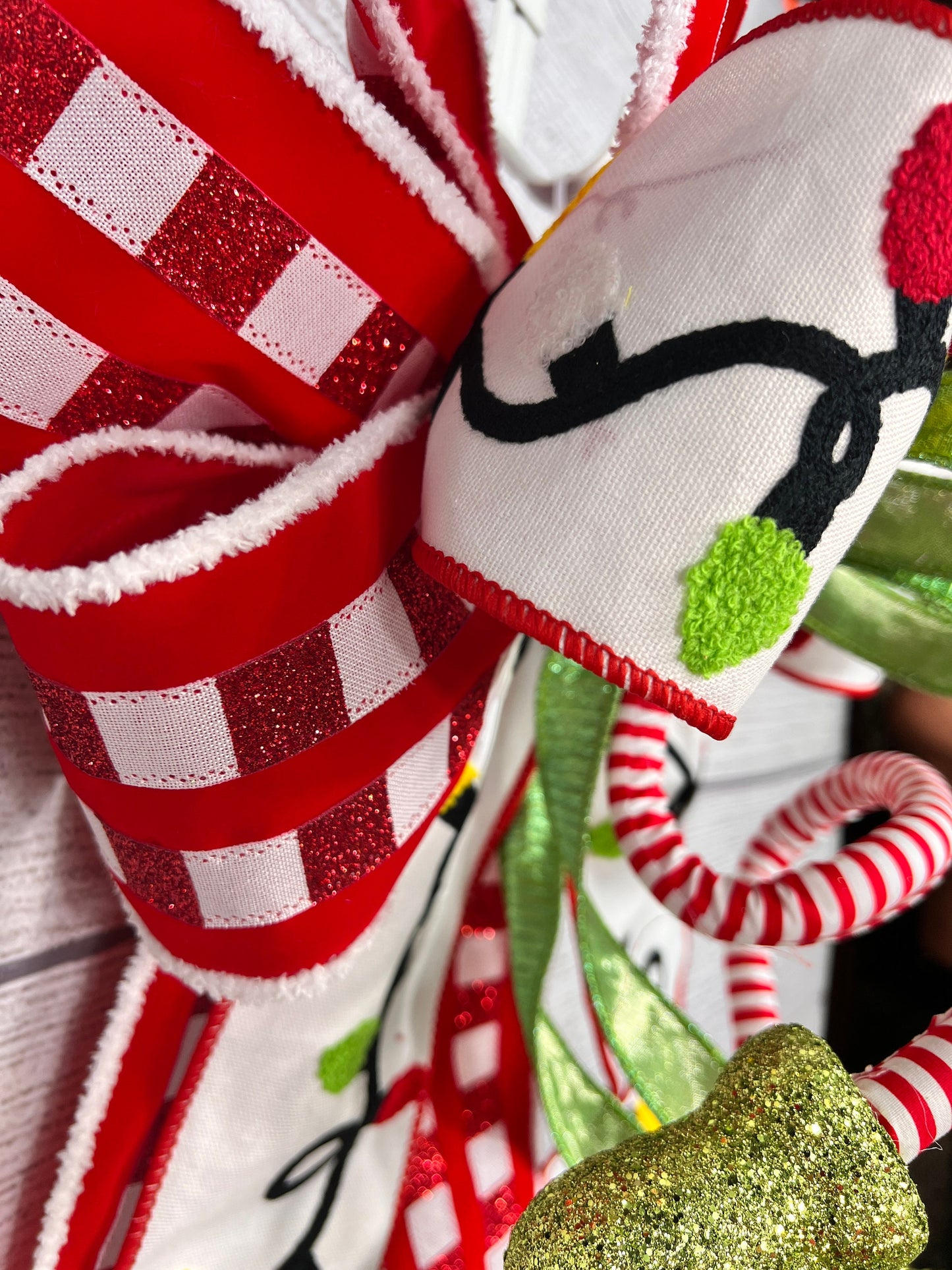 Christmas Red White Green Holiday Bow, Tree Topper with Elf Legs, Glitter Plaid Mailbox Decoration