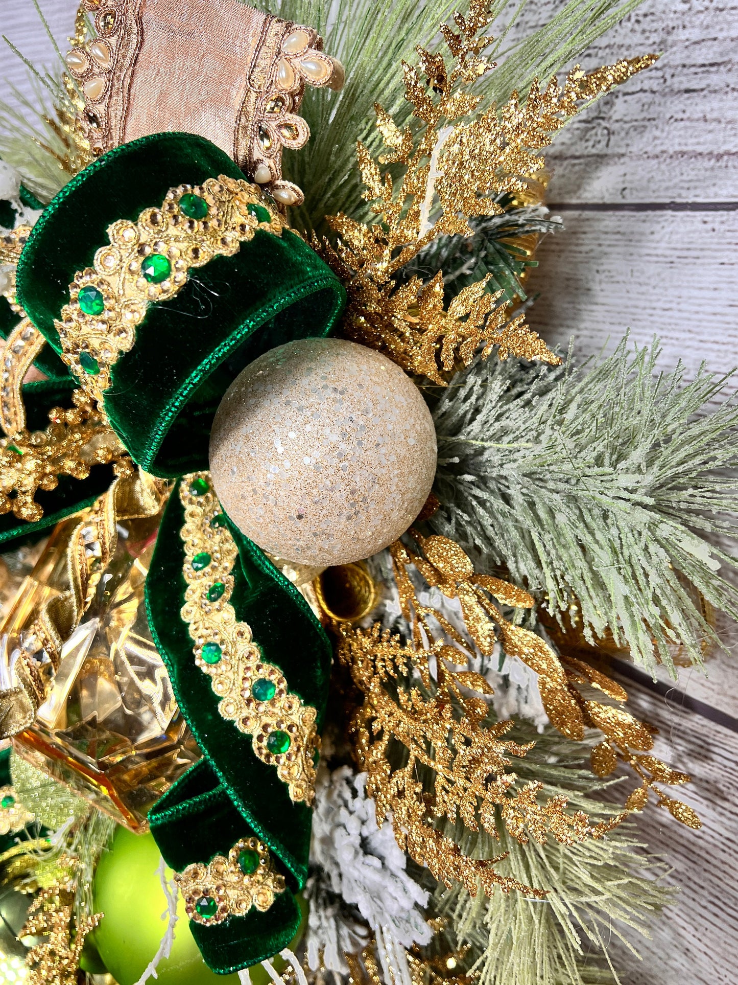 Green and Gold Christmas Swag with Velvet Ribbon, Glam Holiday Door Swag, Elegant Champagne Xmas Decor