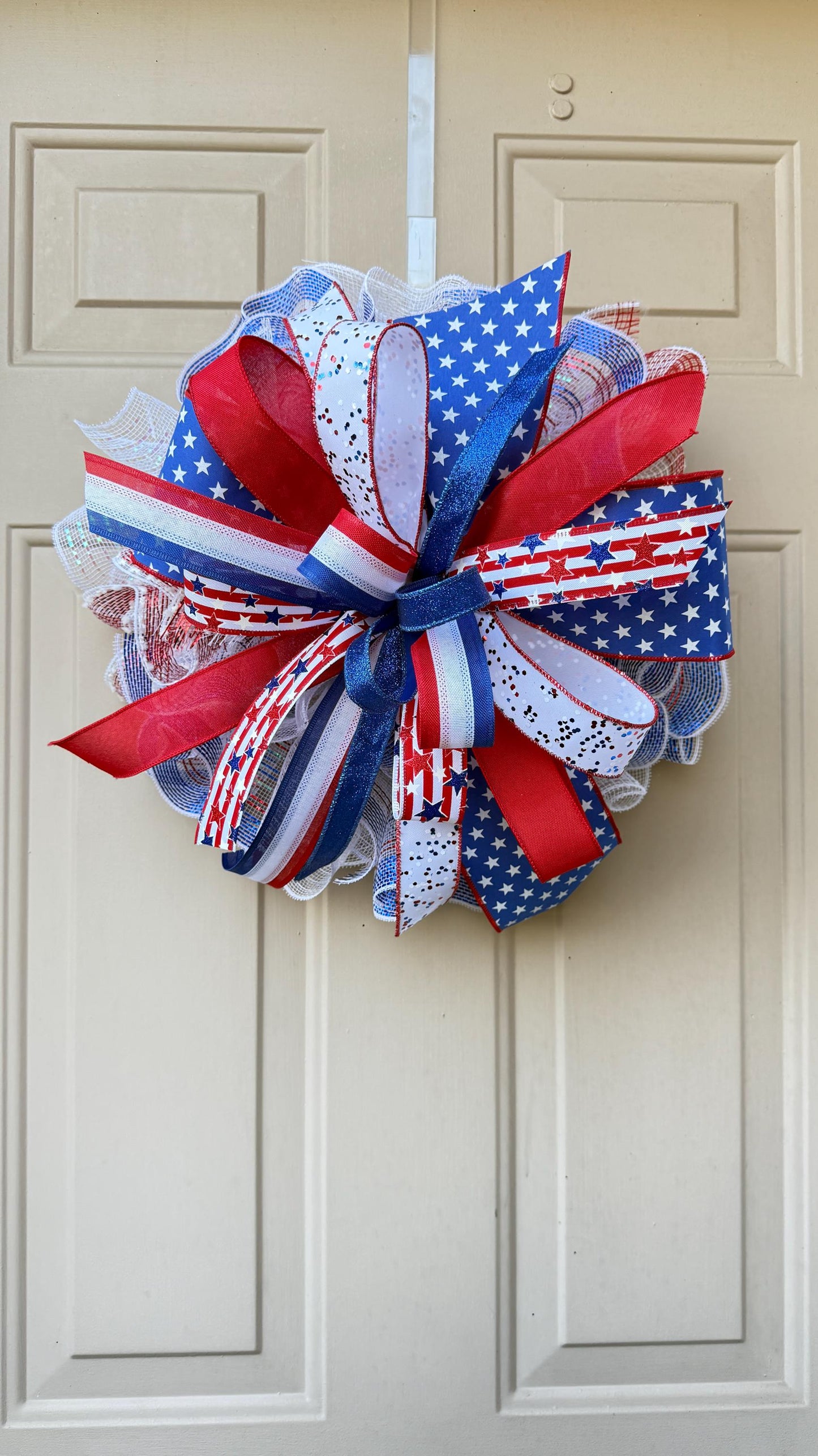 Patriotic 4th of July Door Bow, American Flag Wreath Topper
