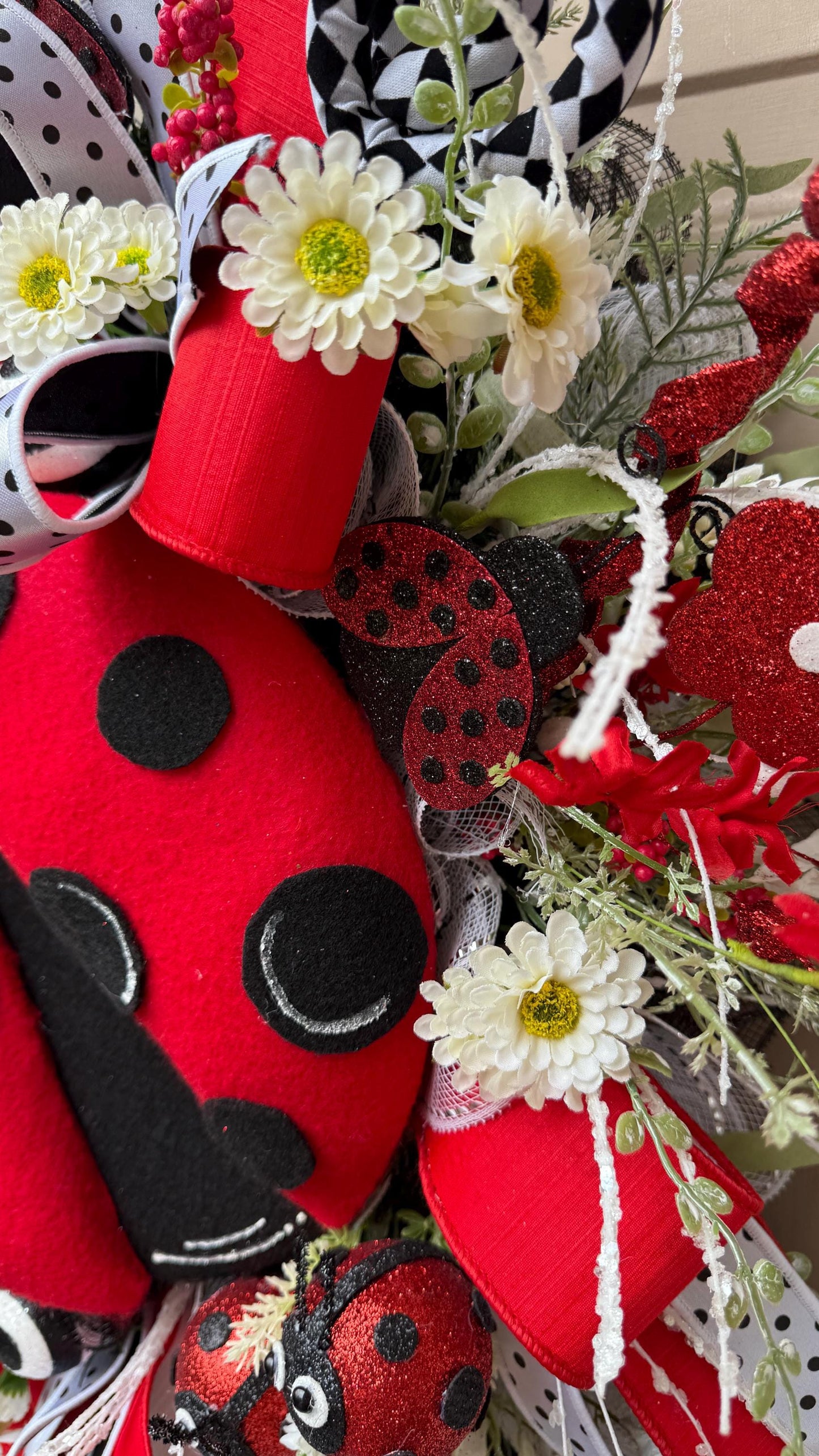 Ladybug Wreath: Red, Black & White Ribbons, Summer Door Decor