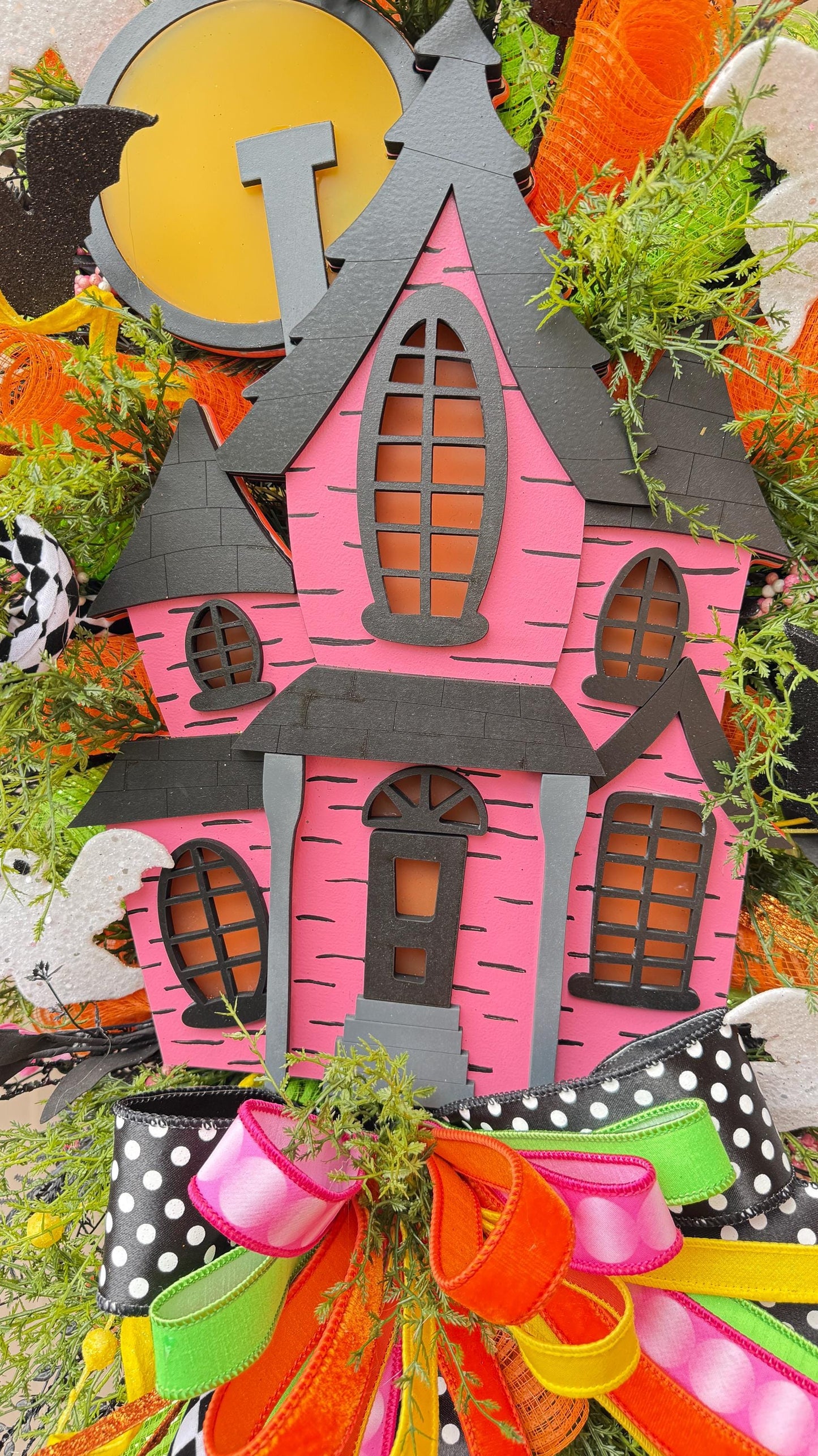 Light Up Haunted House Halloween Swag with Remote Pink Black Orange Door Swag
