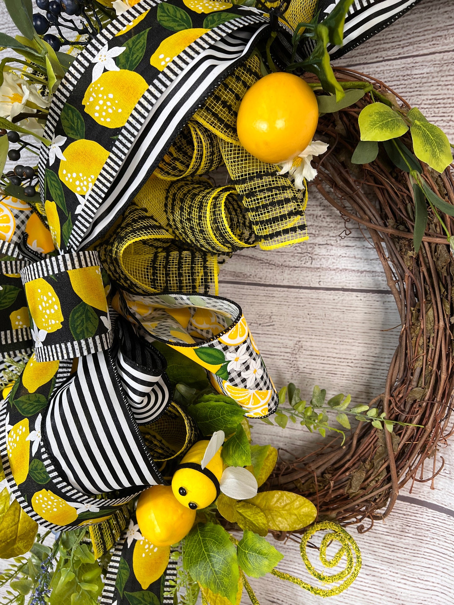 Black and Yellow Bee Wreath with Lemon Accents, Front Door Decor, Black and Yellow Bow