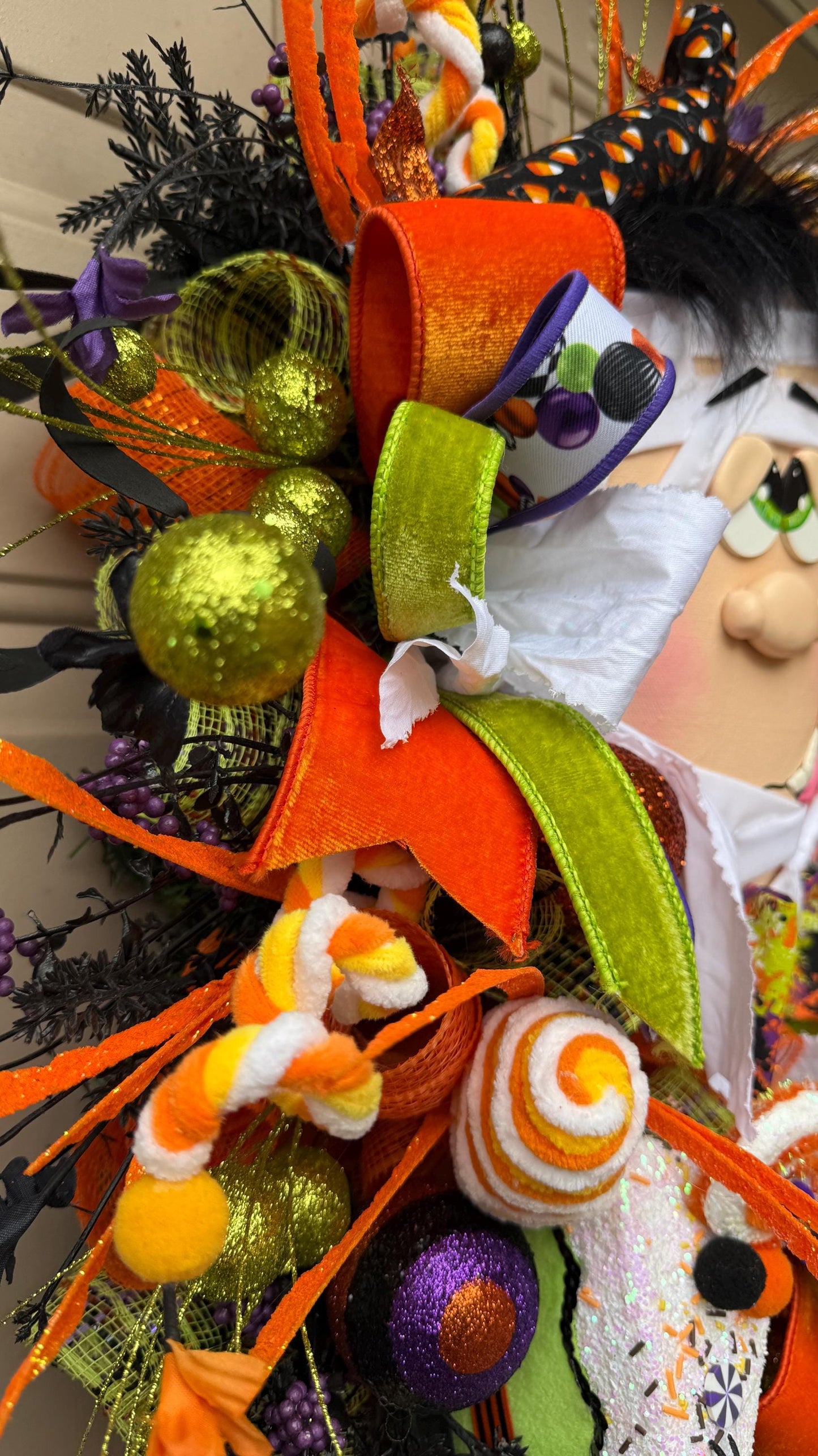 Mummy Halloween Wreath: Handmade Deco Mesh, Candy Corn Decor