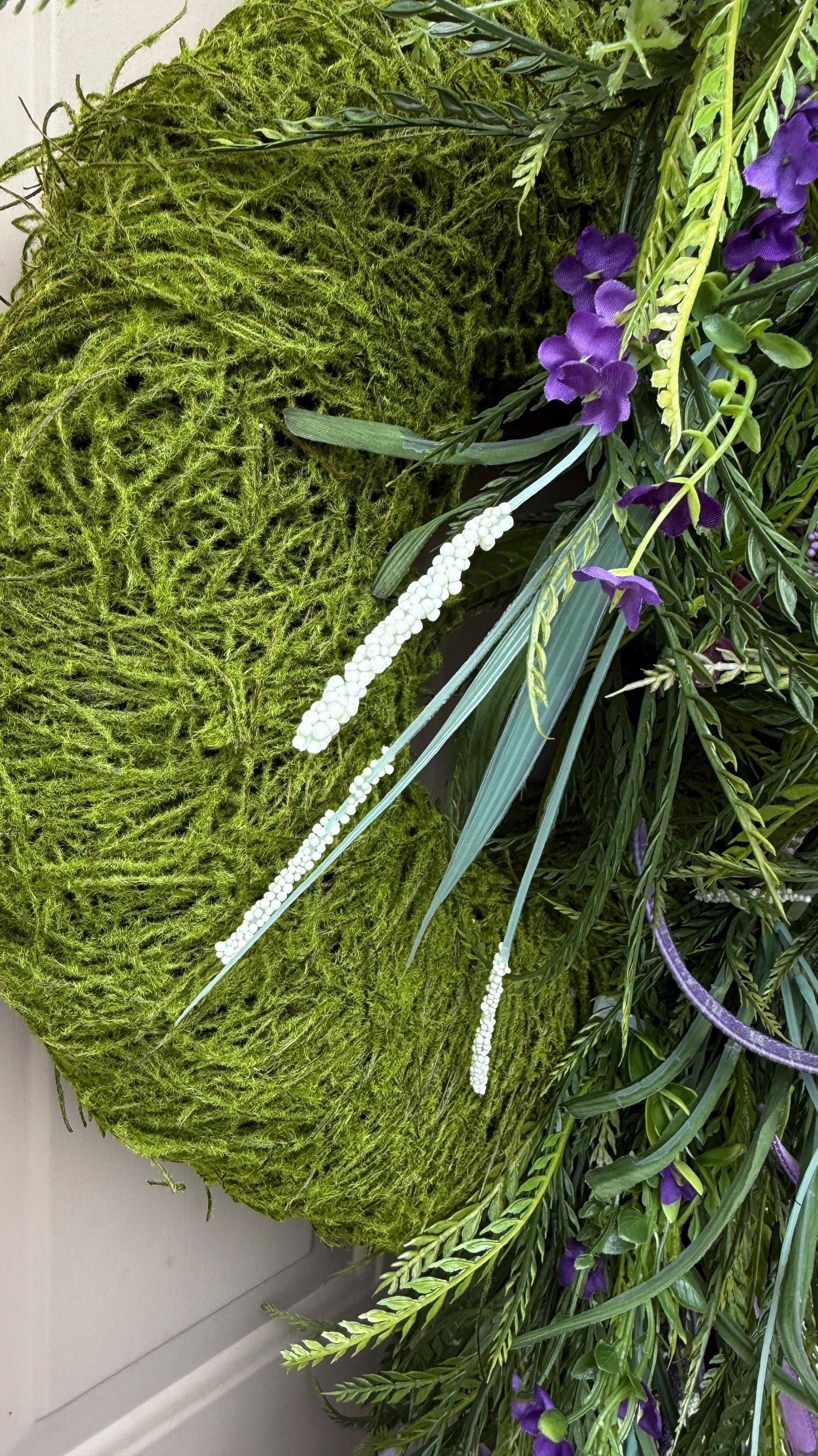 Lavender & Purple Floral Wreath: Moss Base, Satin Ribbons