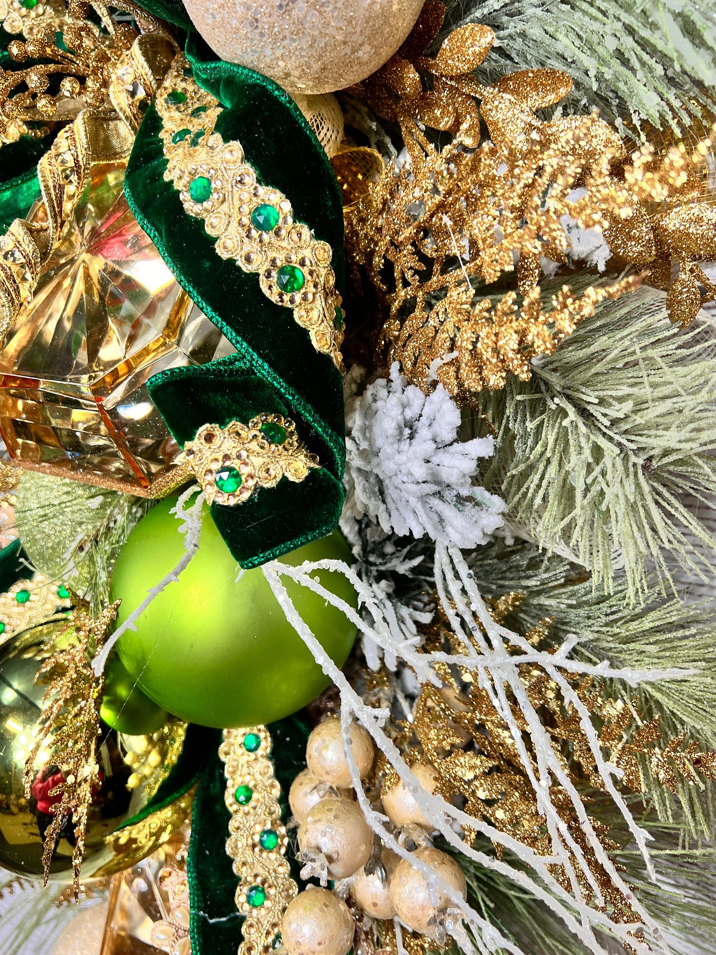 Green and Gold Christmas Swag with Velvet Ribbon, Glam Holiday Door Swag, Elegant Champagne Xmas Decor