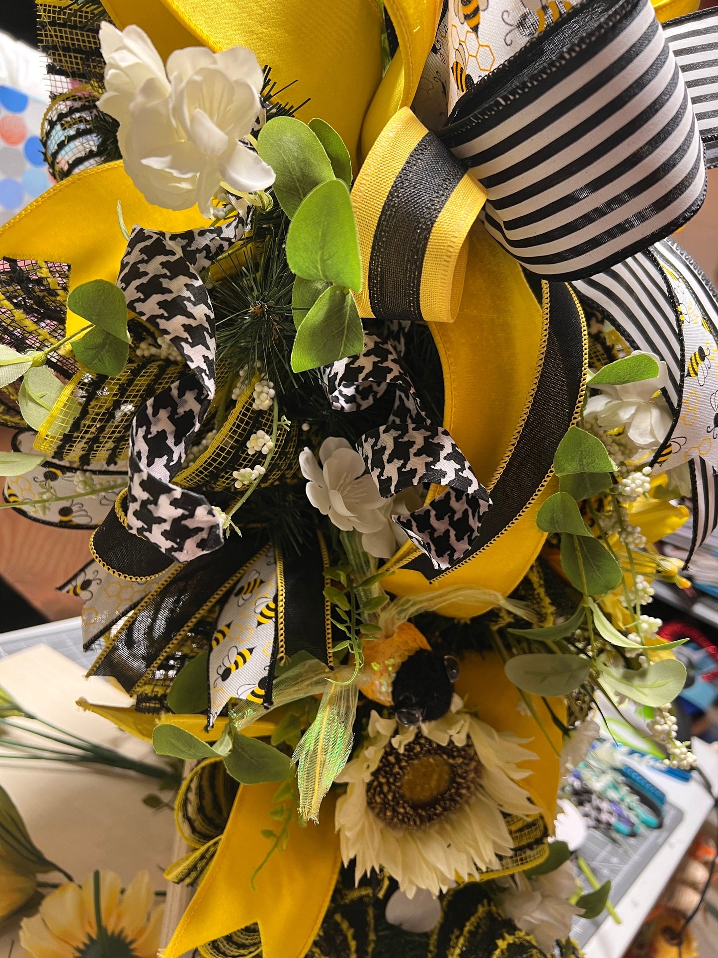 Bee & Sunflower Teardrop Swag: Whimsical Front Door Wreath