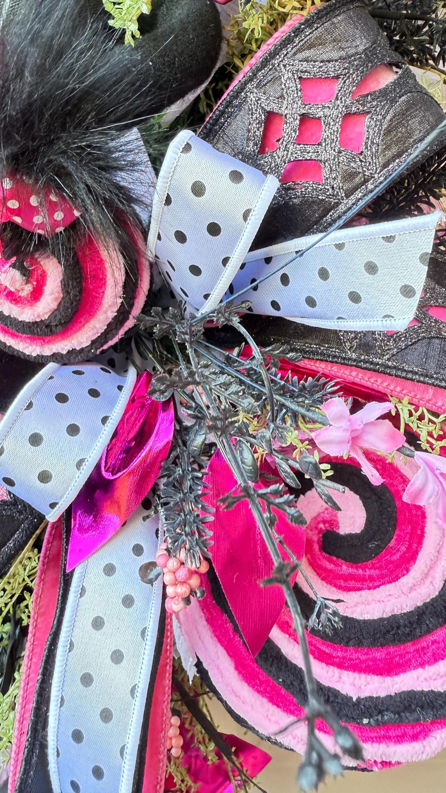 Pink & Black Spider Wreath, Rhinestone Spider, Designer Ribbon Bow, Halloween Luxury Door Decoration