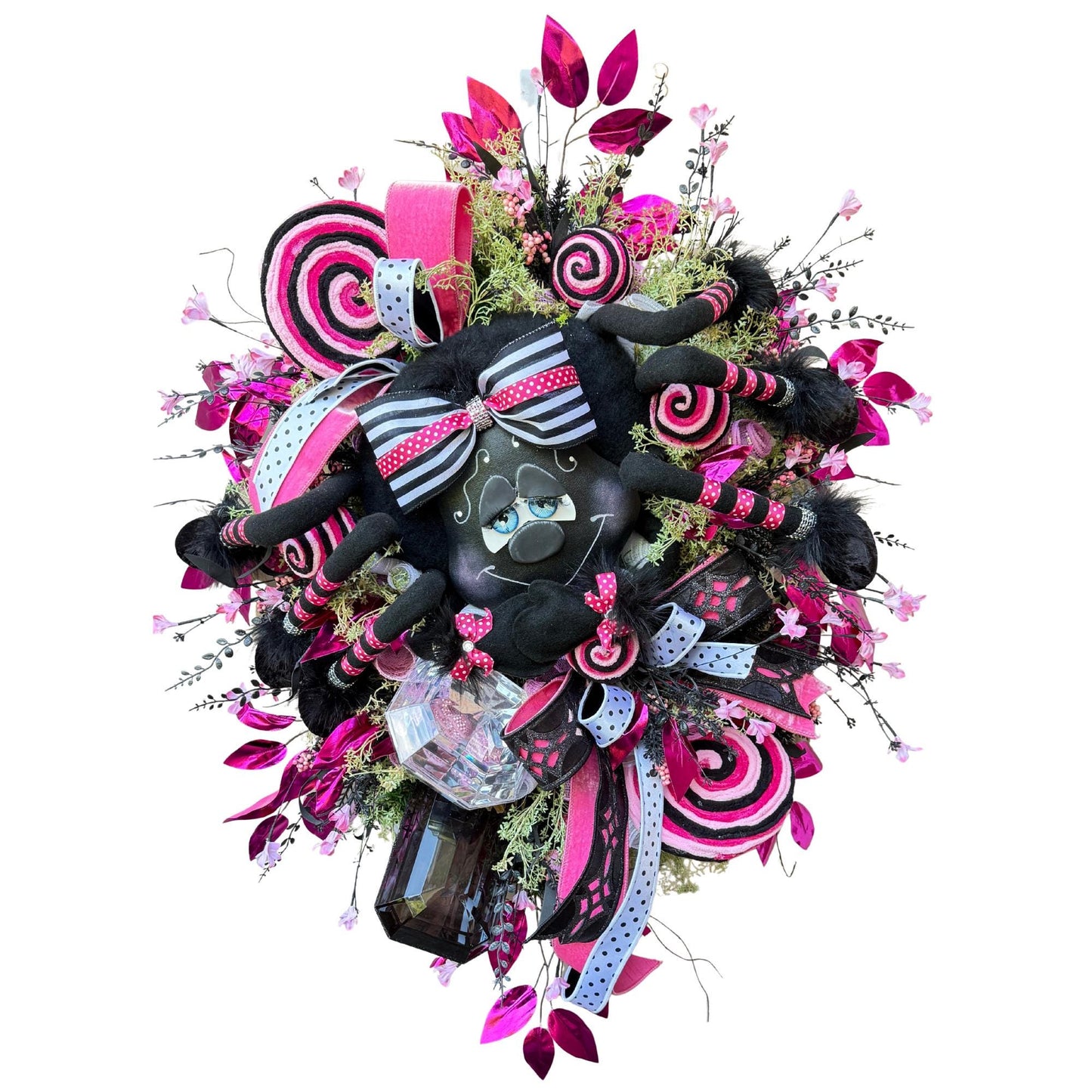 Pink & Black Spider Wreath, Rhinestone Spider, Designer Ribbon Bow, Halloween Luxury Door Decoration