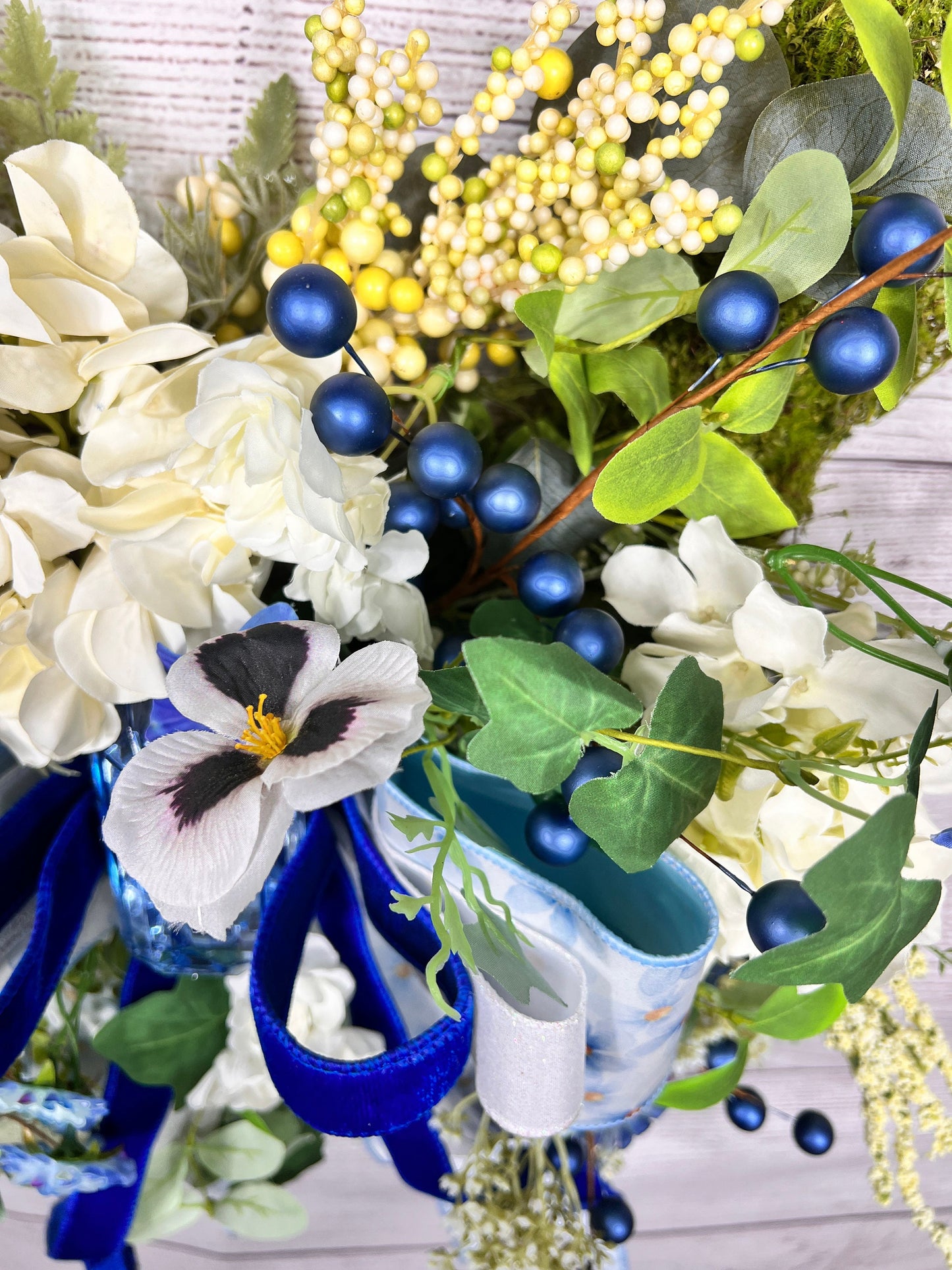 Floral Moss Wreath: Blue Hydrangea, Garden Party Decor
