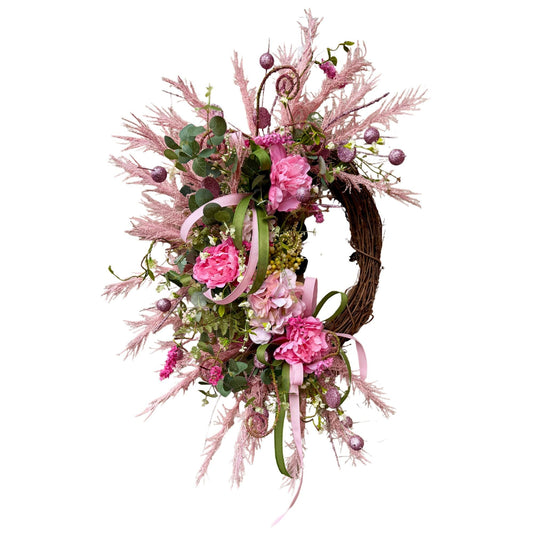 Floral Grapevine Wreath: Pink Wildflowers, Lace Bow, Farmhouse Decor