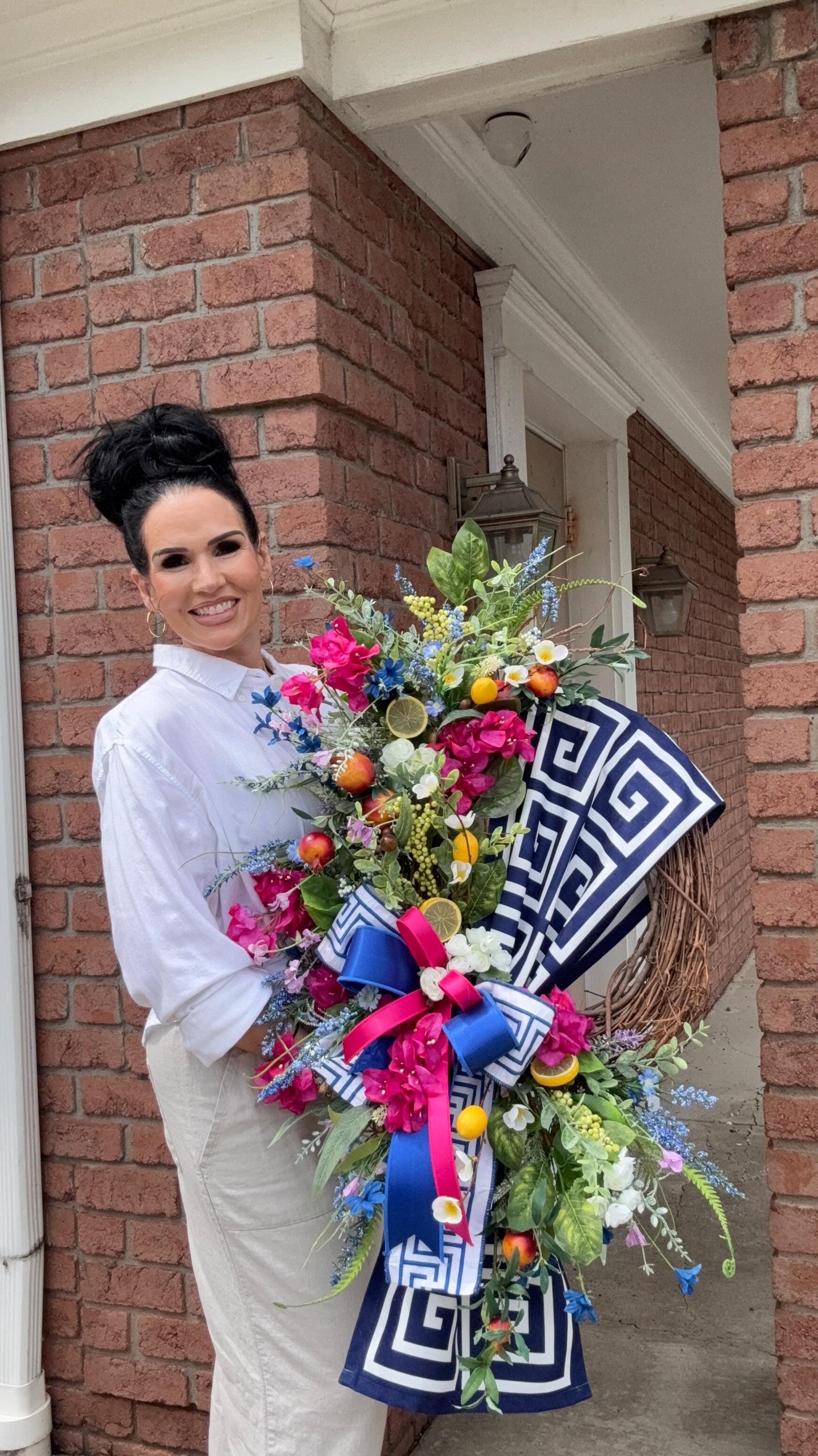 Mediterranean Lemon Grapevine Wreath: Greek Key Ribbon, Faux Florals
