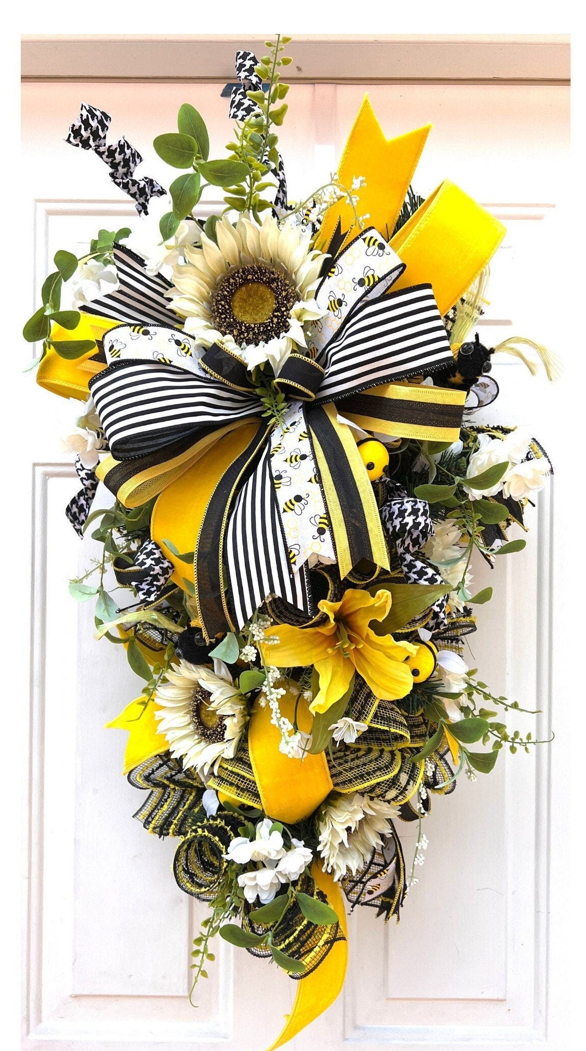 Bee & Sunflower Teardrop Swag: Whimsical Front Door Wreath