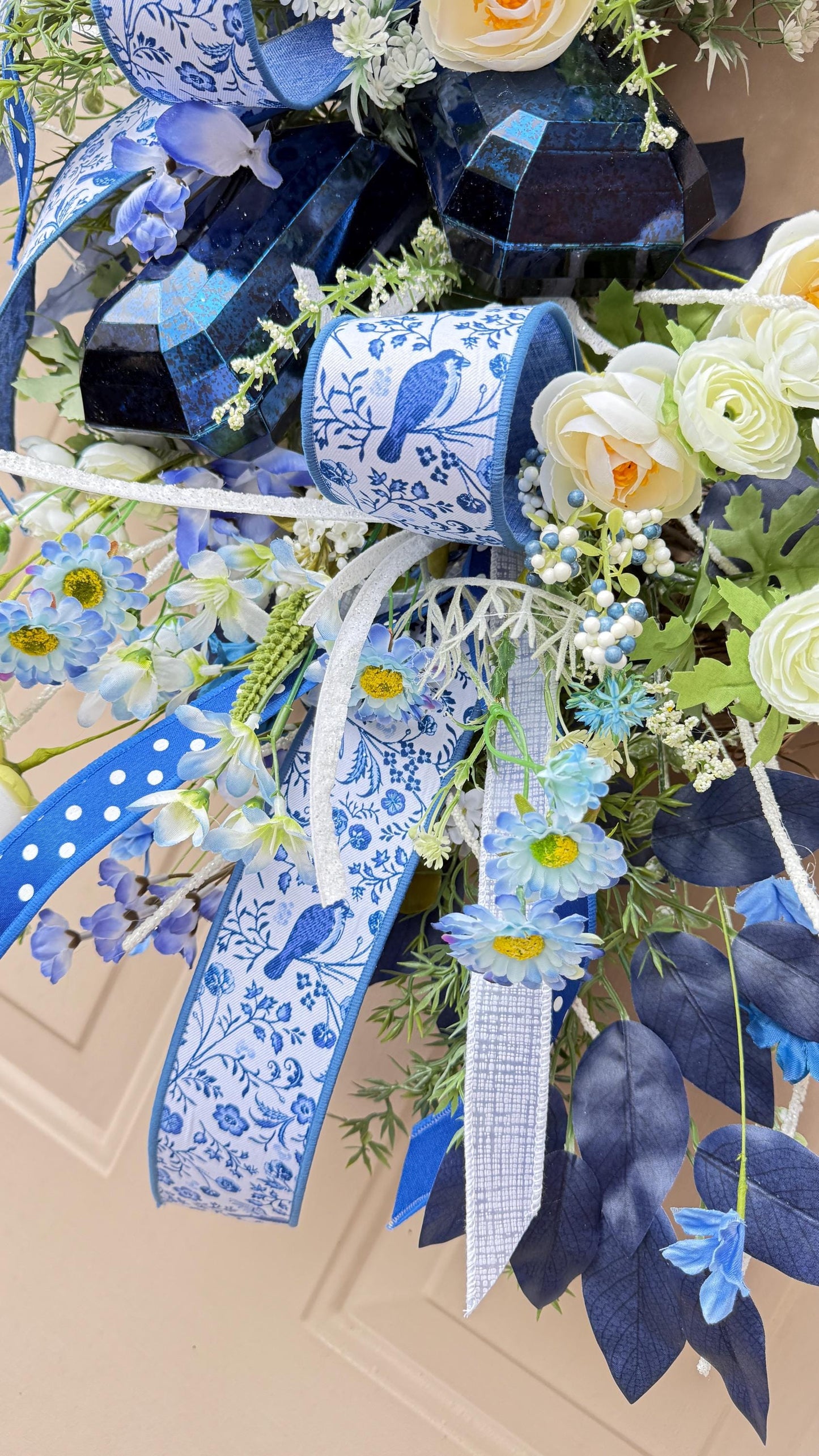 Blue Floral Wreath: French Countryside Decor, Silk Roses (24 inch)