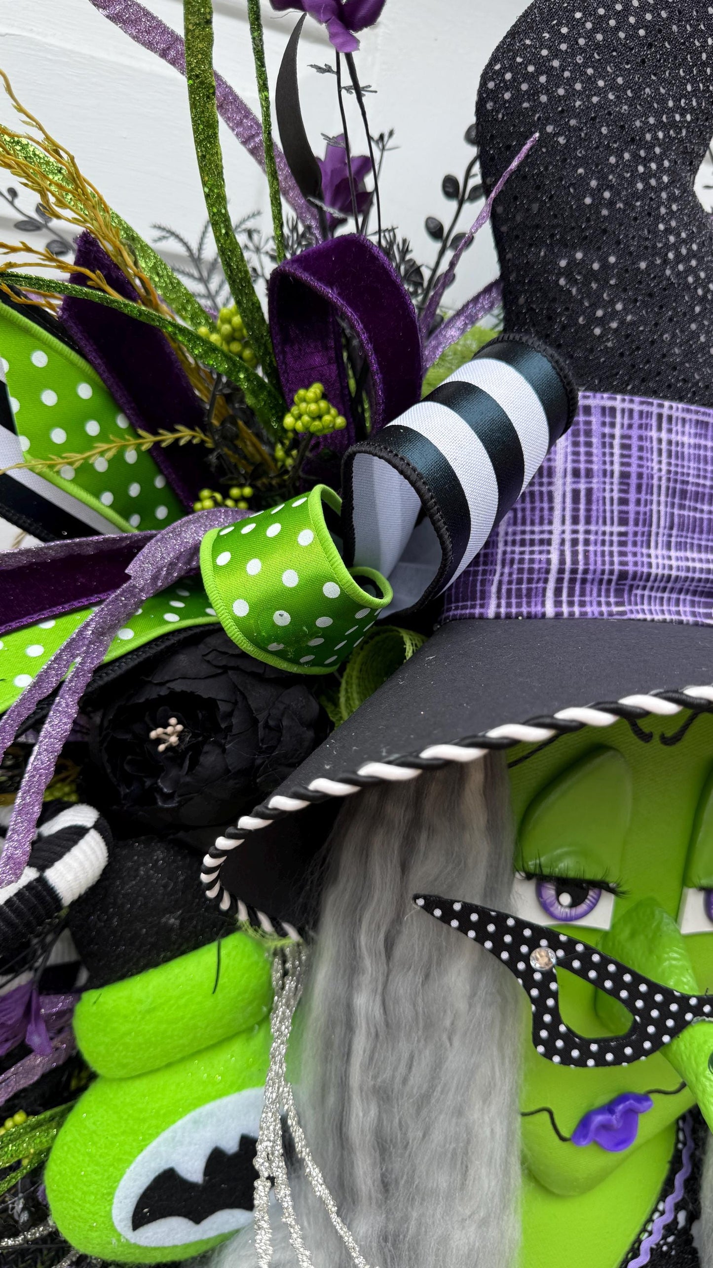 Halloween Witch Wreath: Green Face, Purple and Lime Decor, Spooky Door Decor