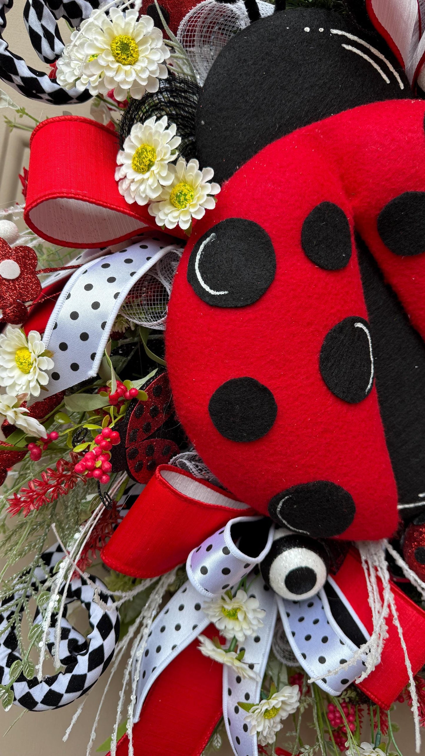 Ladybug Wreath: Red, Black & White Ribbons, Summer Door Decor