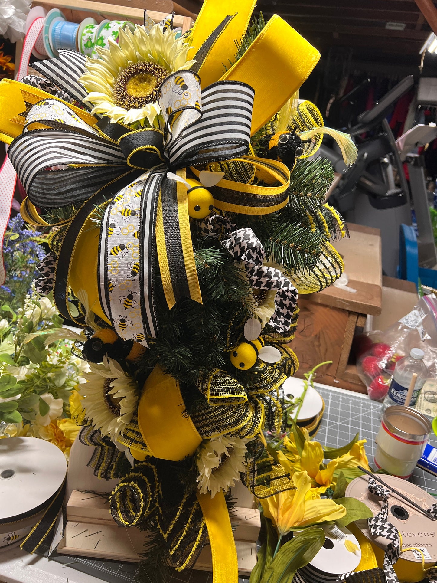 Bee & Sunflower Teardrop Swag: Whimsical Front Door Wreath