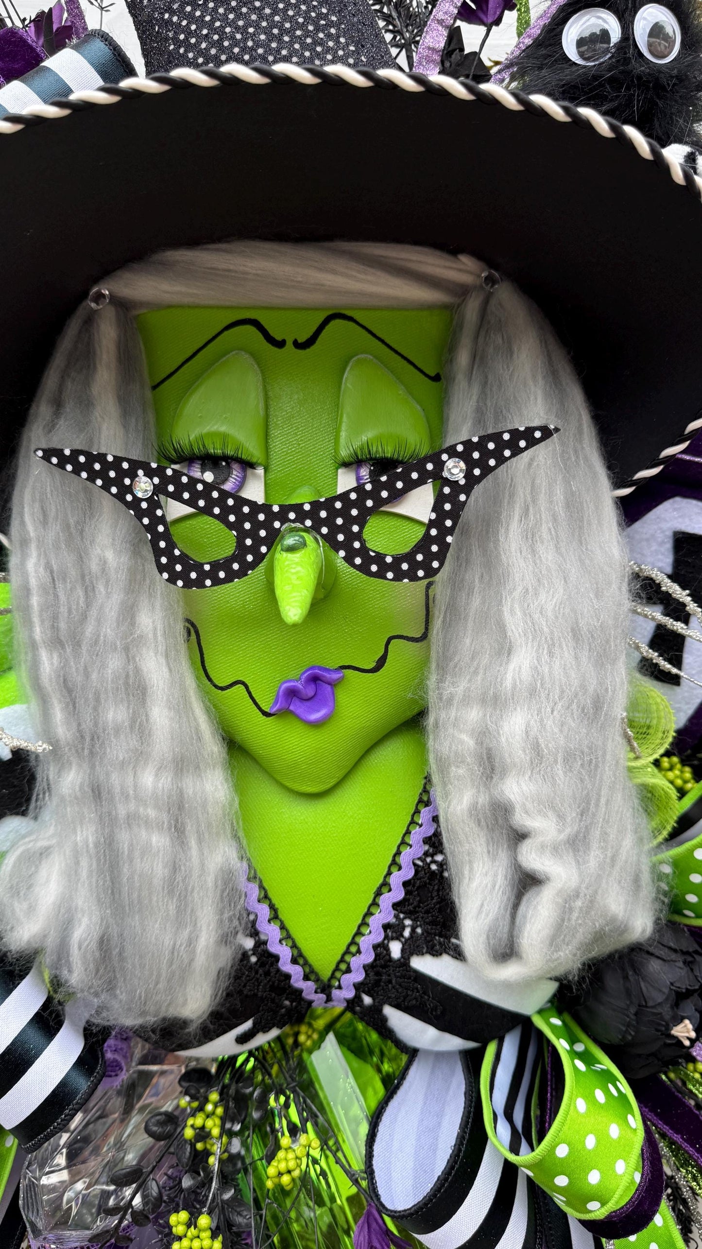 Halloween Witch Wreath: Green Face, Purple and Lime Decor, Spooky Door Decor