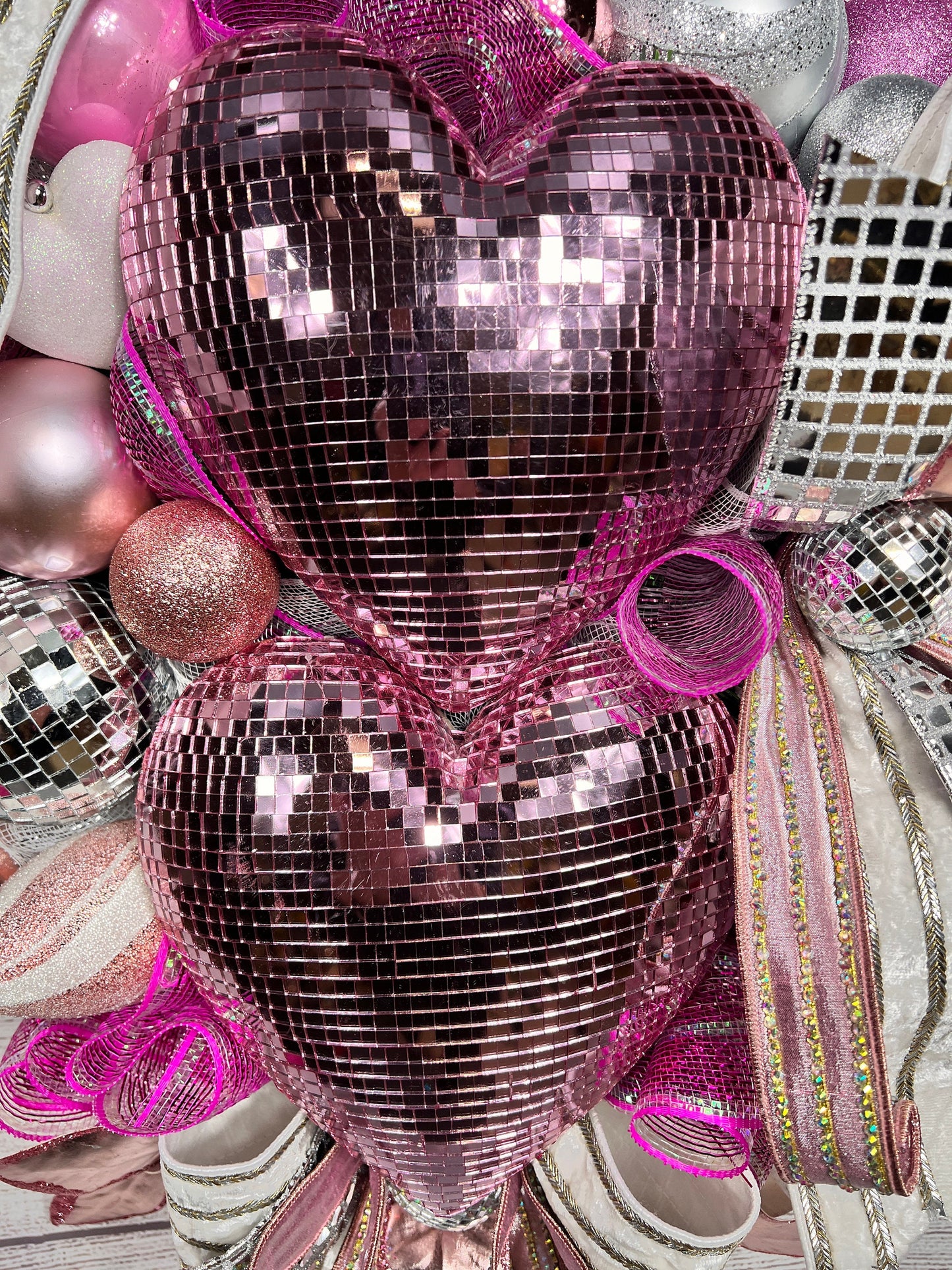 Heart Valentine Wreath Pink and Silver Glam Decor, Large Front Door Decoration