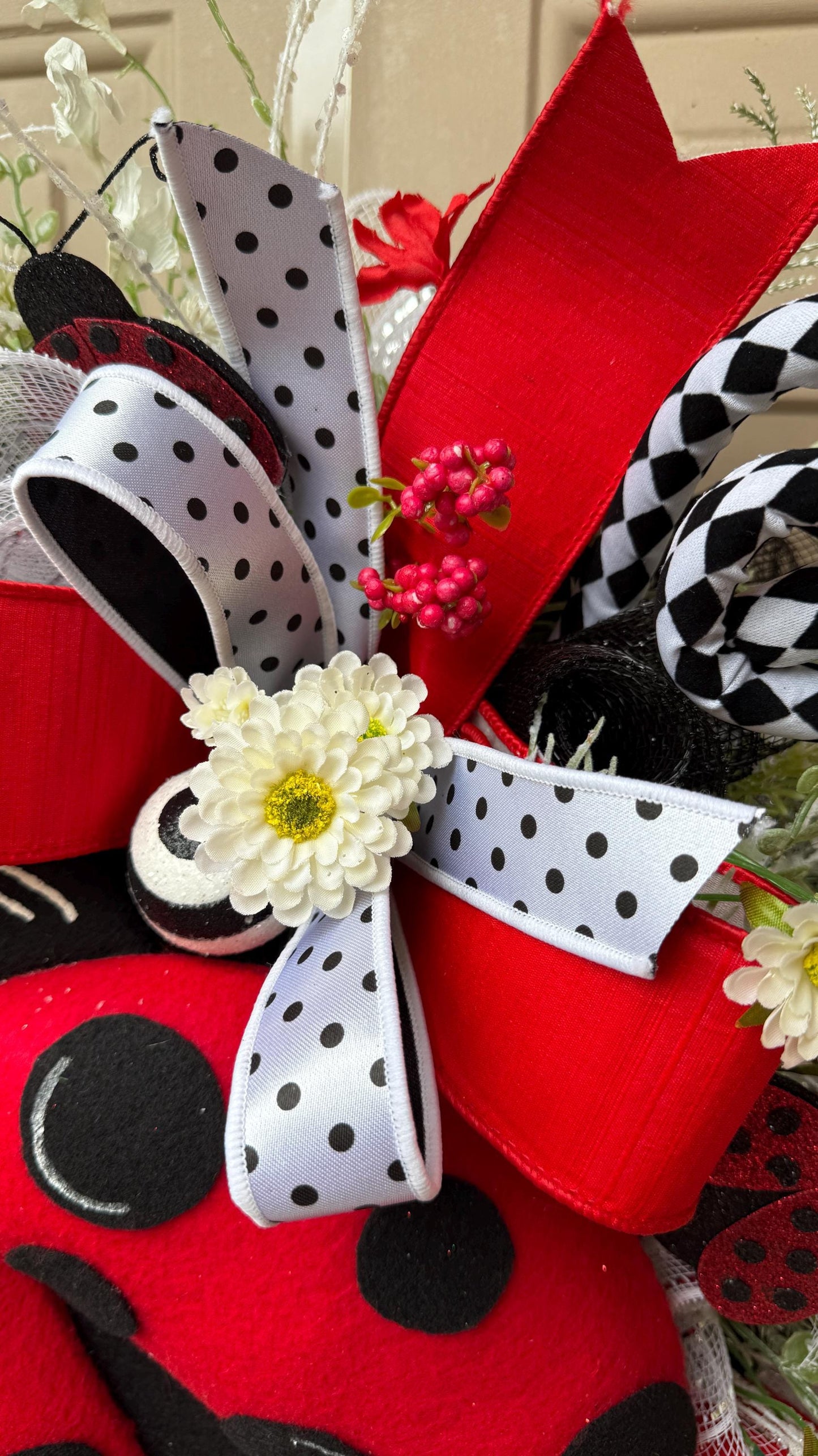 Ladybug Wreath: Red, Black & White Ribbons, Summer Door Decor