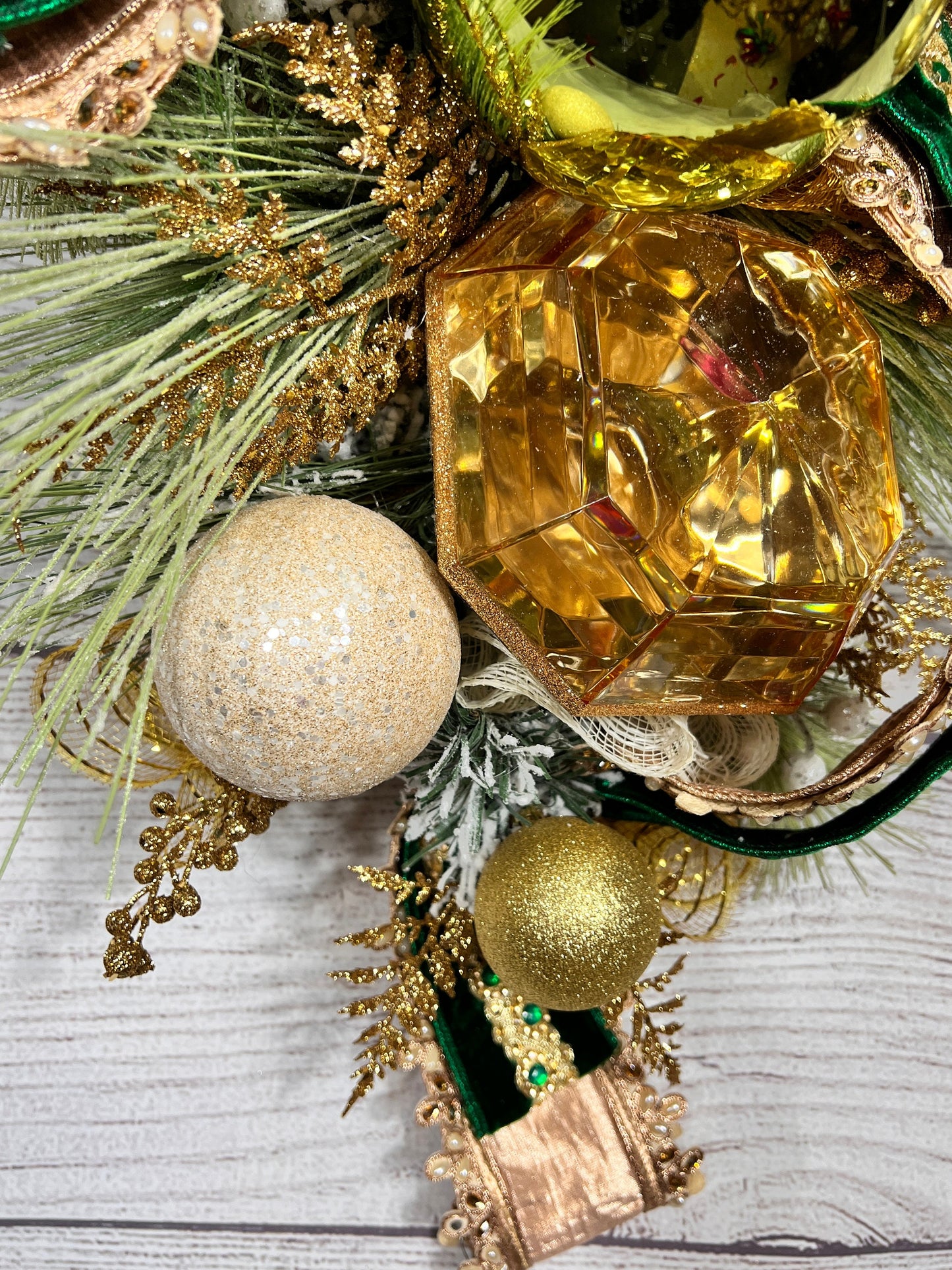 Green and Gold Christmas Swag with Velvet Ribbon, Glam Holiday Door Swag, Elegant Champagne Xmas Decor