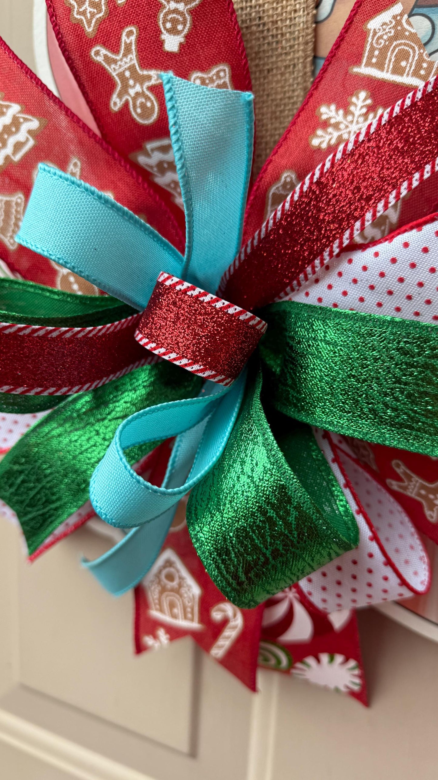 Handmade Gingerbread door hanger, Christmas Candy decor with bow, Holiday Kitchen Wall Art, Festive Gingerbread decoration for front door