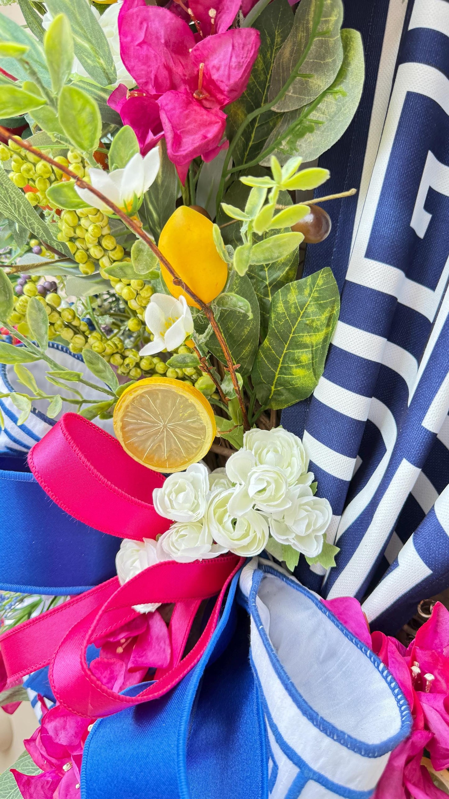Mediterranean Lemon Grapevine Wreath: Greek Key Ribbon, Faux Florals