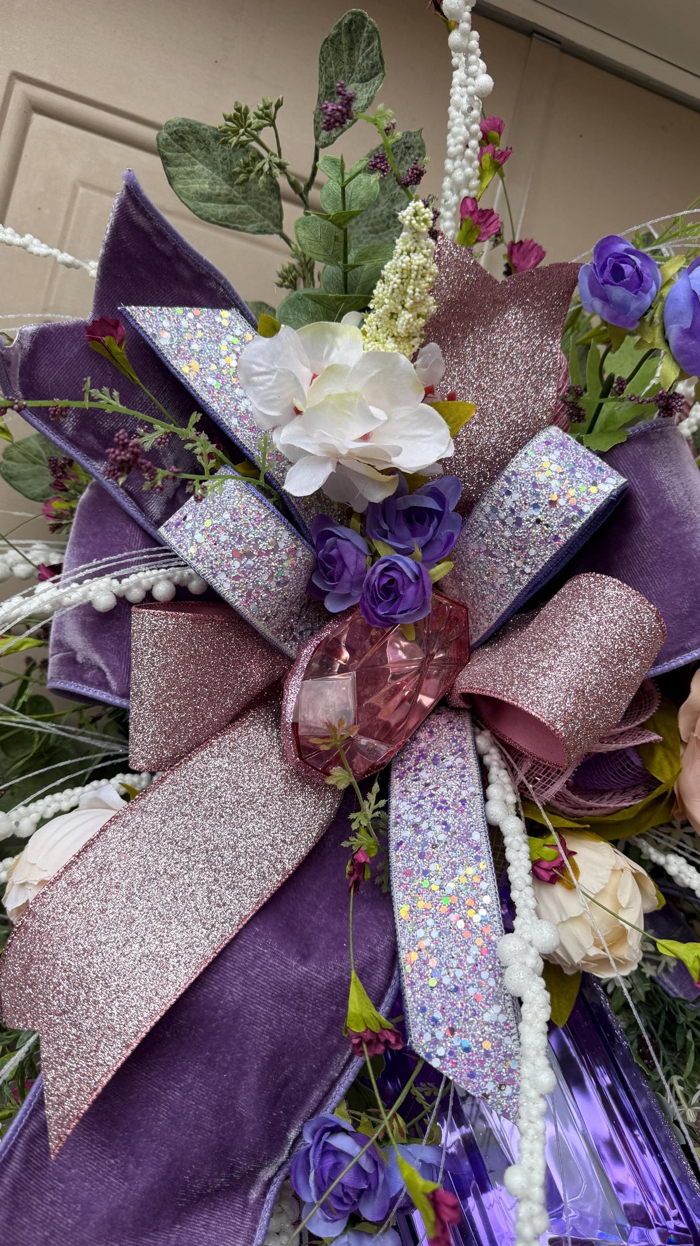 Floral Swag: Purple, Blush Roses & Gem Accents - Luxury Home Decor