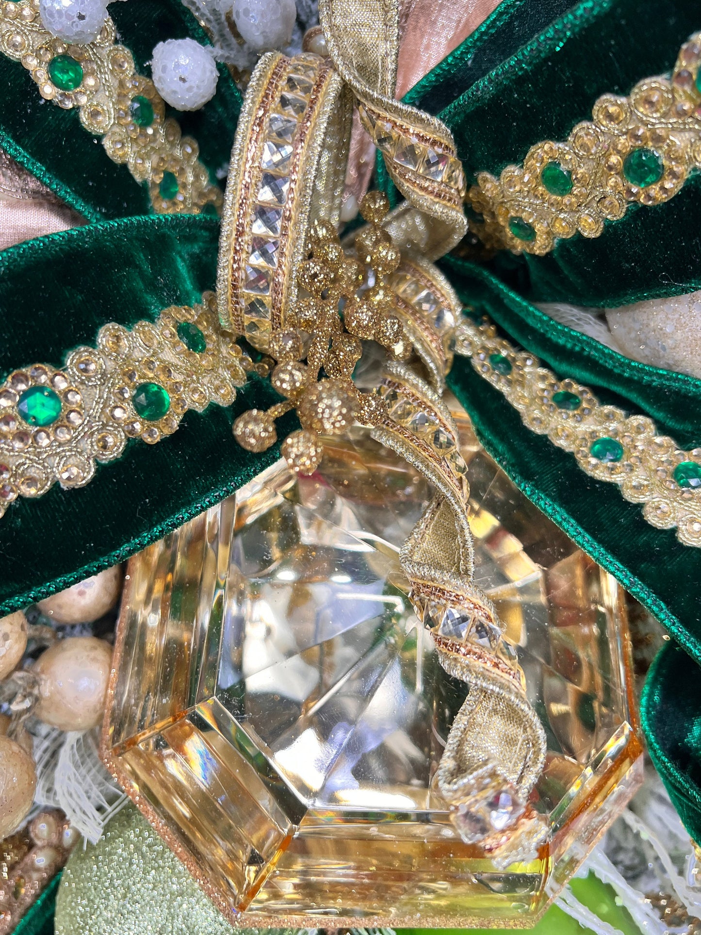 Green and Gold Christmas Swag with Velvet Ribbon, Glam Holiday Door Swag, Elegant Champagne Xmas Decor