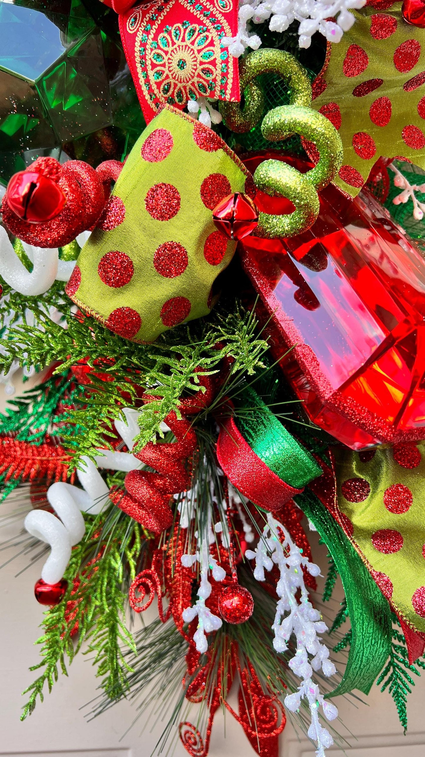 Red and Green Christmas Swag with Ornaments, Holiday Door Swag, Front Door Christmas Decor