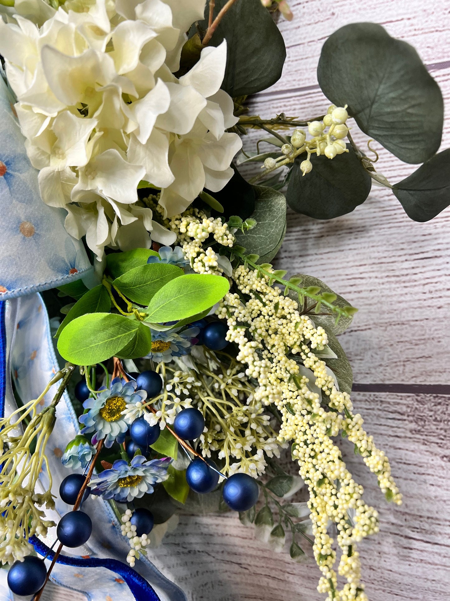 Floral Moss Wreath: Blue Hydrangea, Garden Party Decor