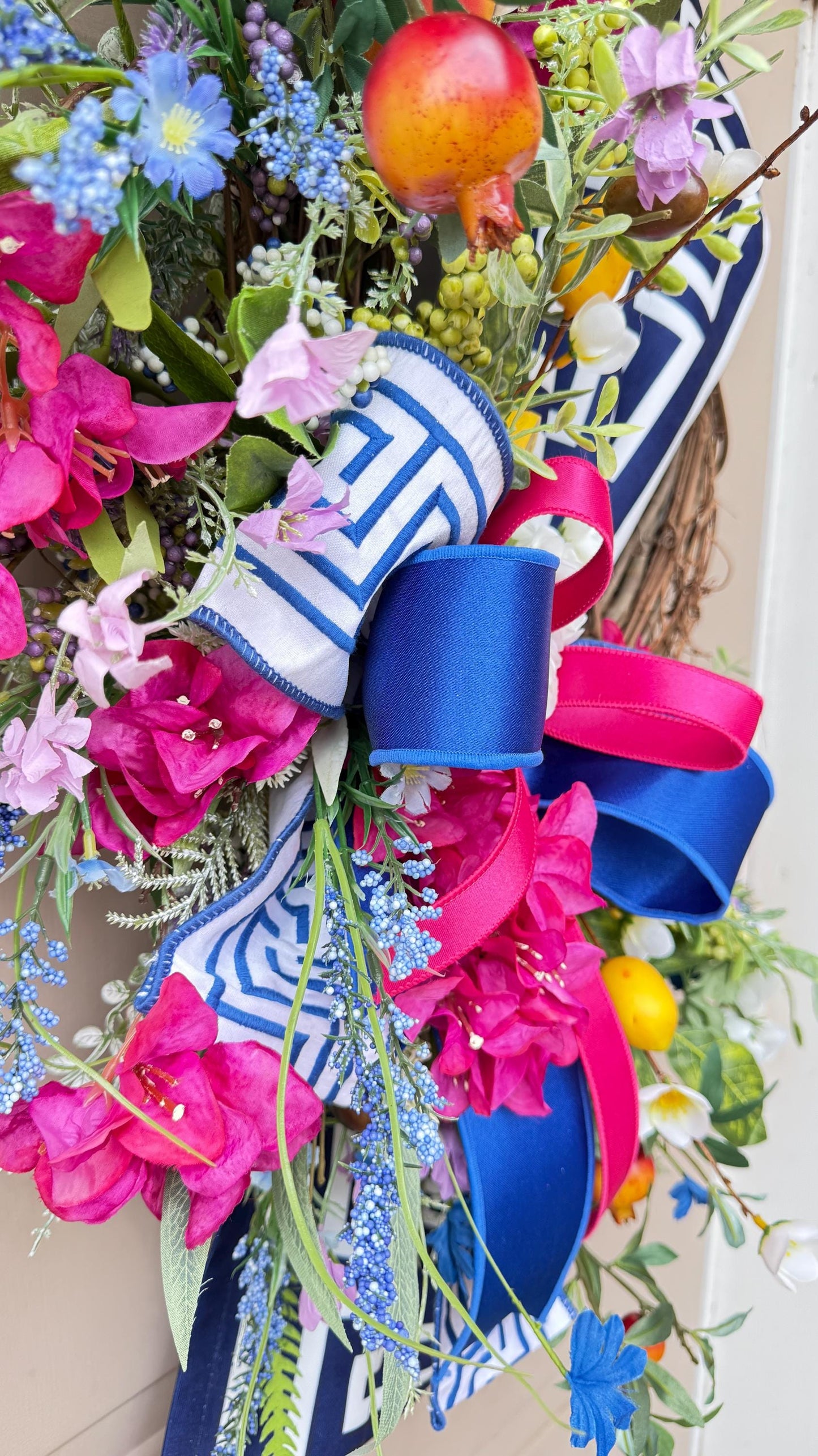Mediterranean Lemon Grapevine Wreath: Greek Key Ribbon, Faux Florals