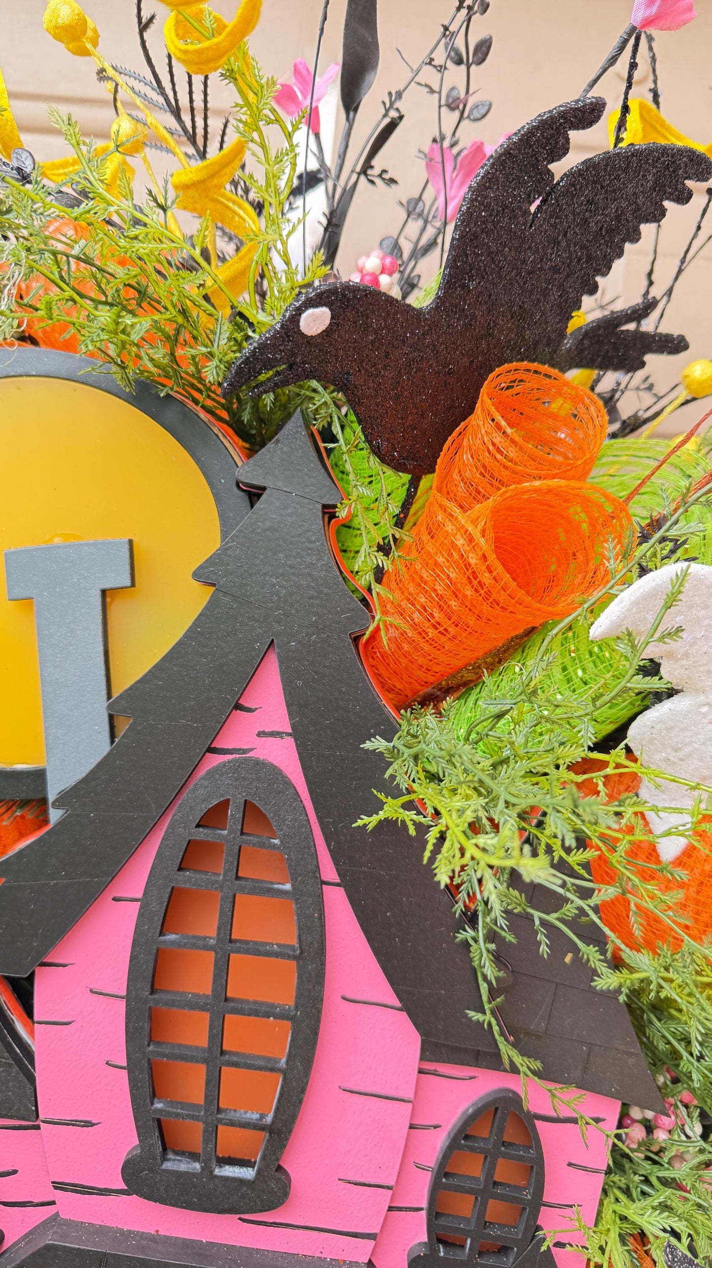 Light Up Haunted House Halloween Swag with Remote Pink Black Orange Door Swag