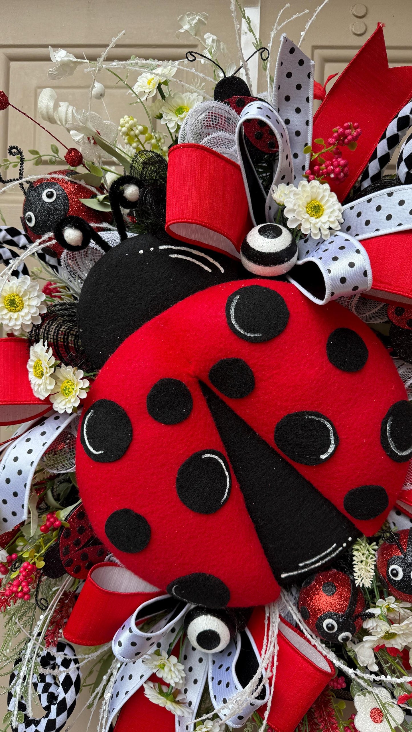 Ladybug Wreath: Red, Black & White Ribbons, Summer Door Decor