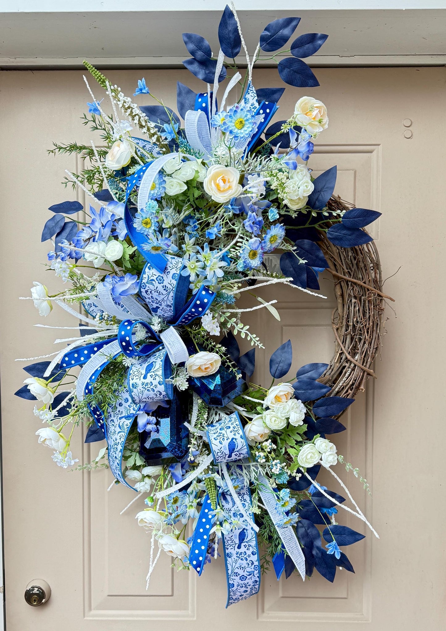 Blue Floral Wreath: French Countryside Decor, Silk Roses (24 inch)
