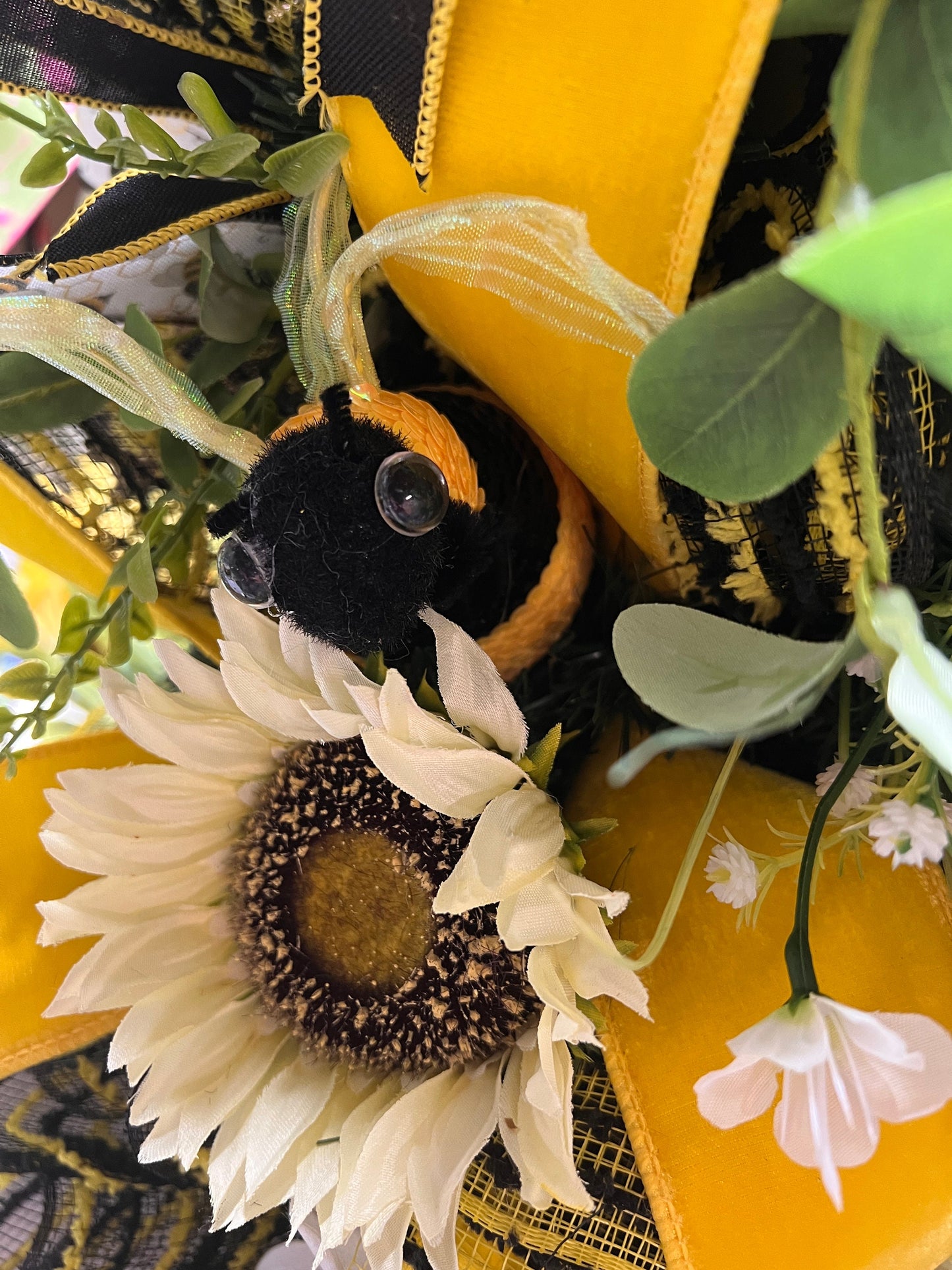 Bee & Sunflower Teardrop Swag: Whimsical Front Door Wreath