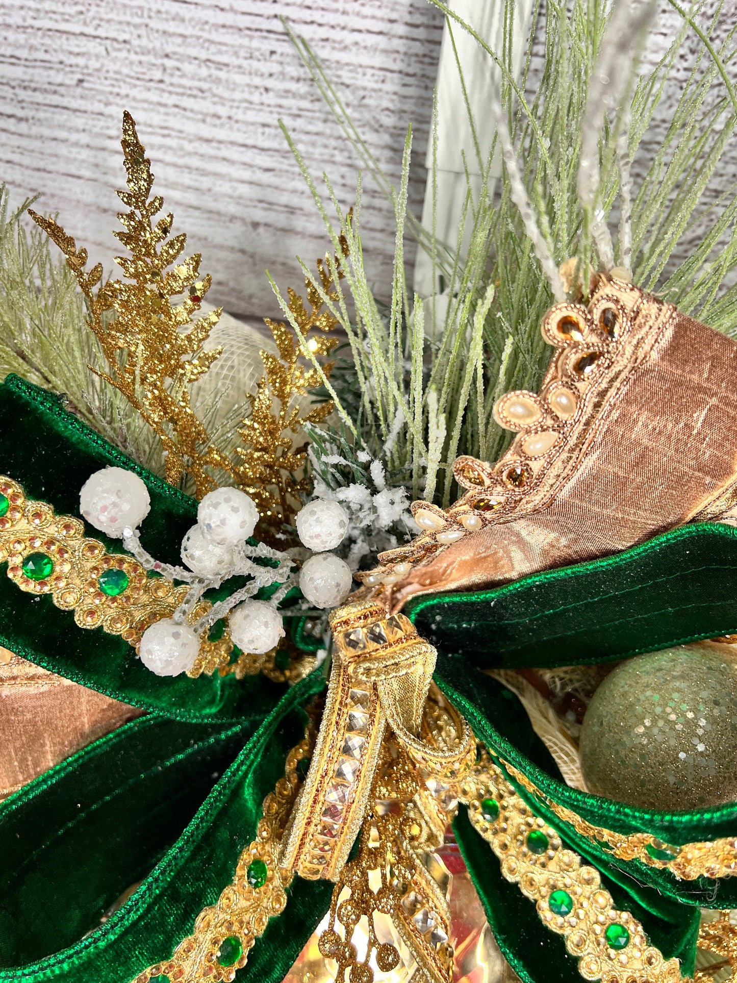 Green and Gold Christmas Swag with Velvet Ribbon, Glam Holiday Door Swag, Elegant Champagne Xmas Decor