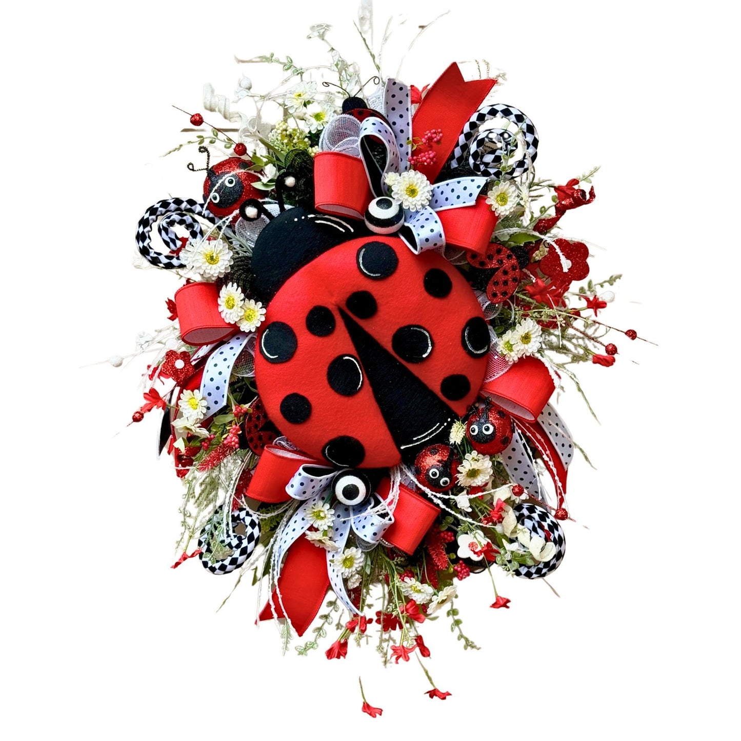 Ladybug Wreath: Red, Black & White Ribbons, Summer Door Decor