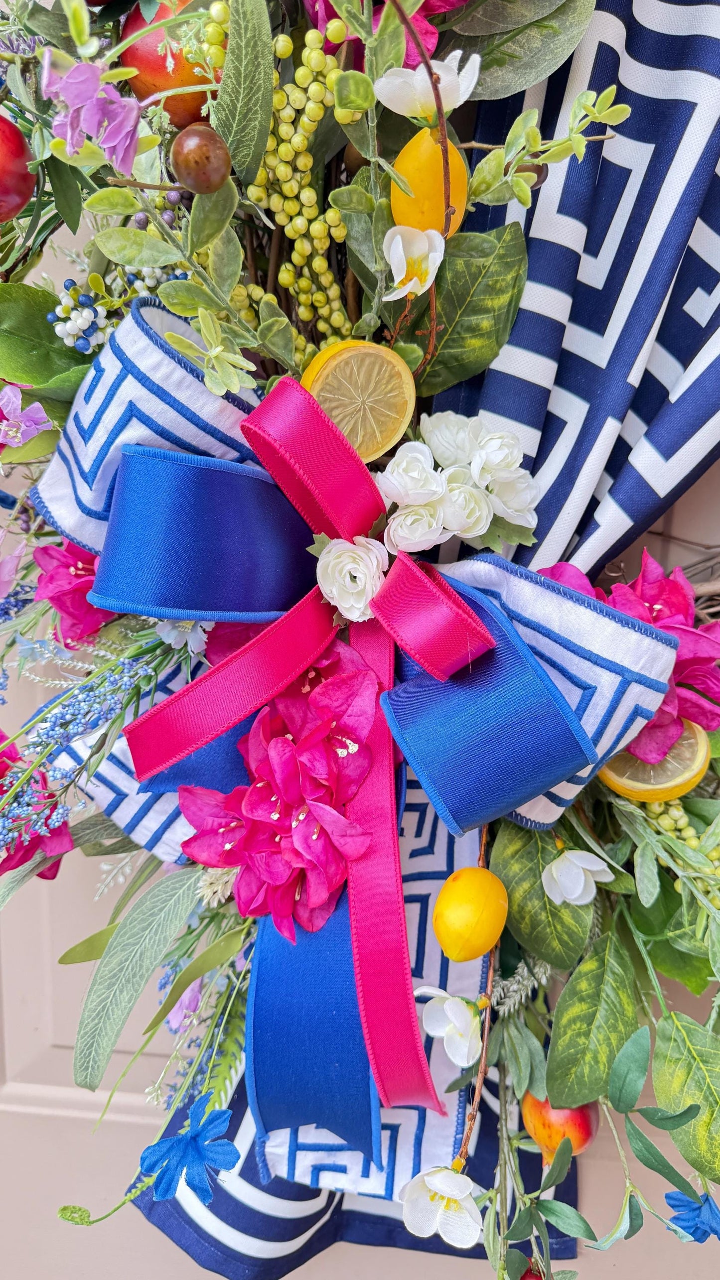 Mediterranean Lemon Grapevine Wreath: Greek Key Ribbon, Faux Florals