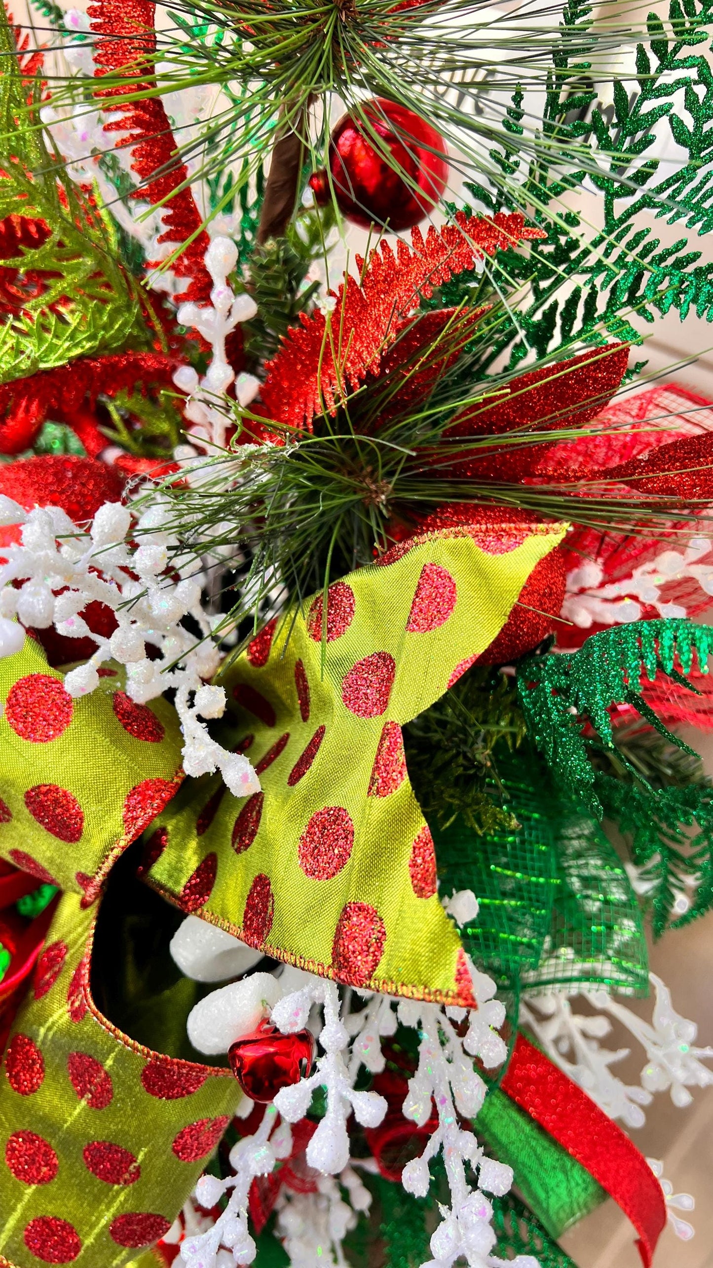 Red and Green Christmas Swag with Ornaments, Holiday Door Swag, Front Door Christmas Decor