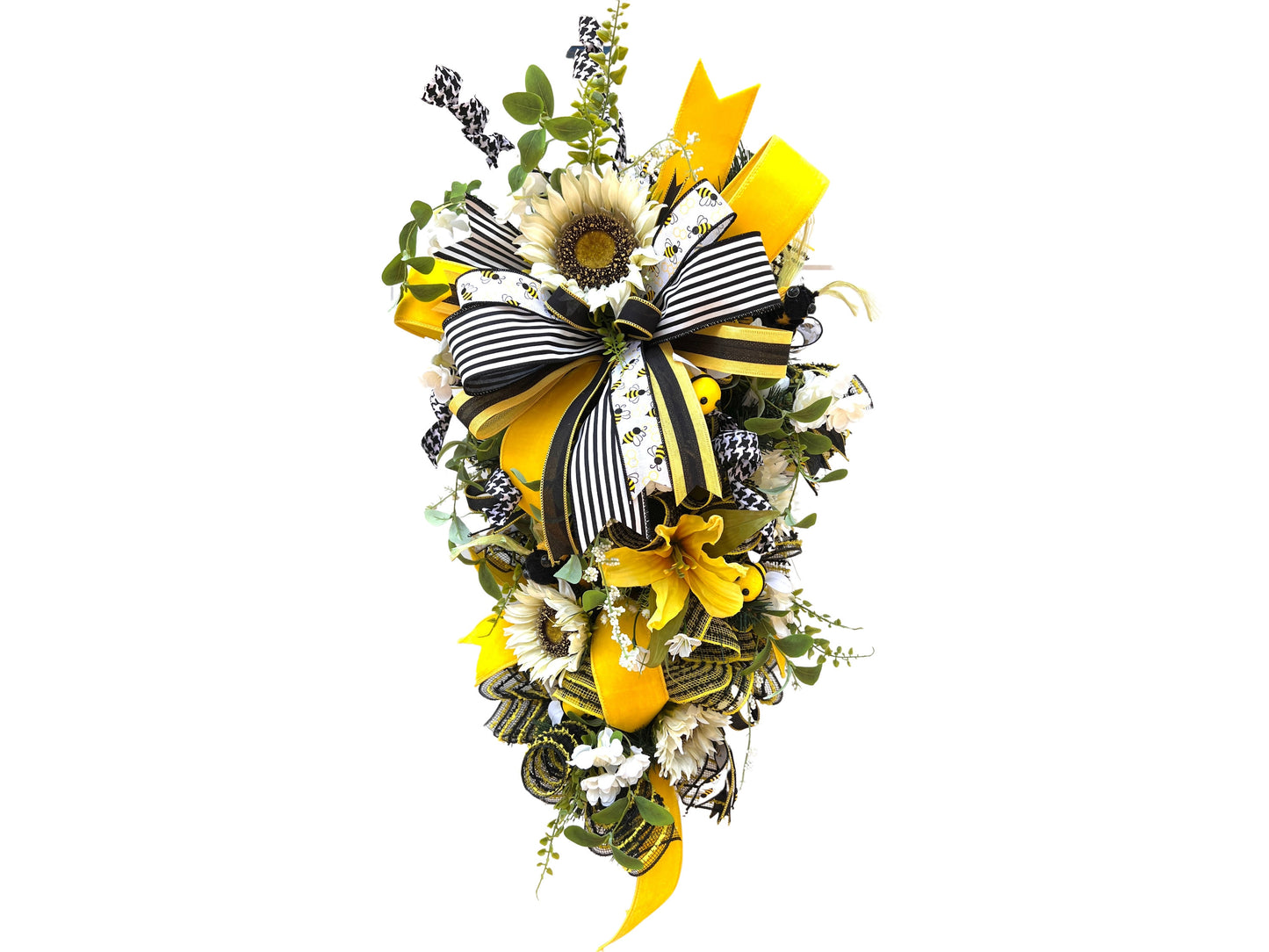 Bee & Sunflower Teardrop Swag: Whimsical Front Door Wreath