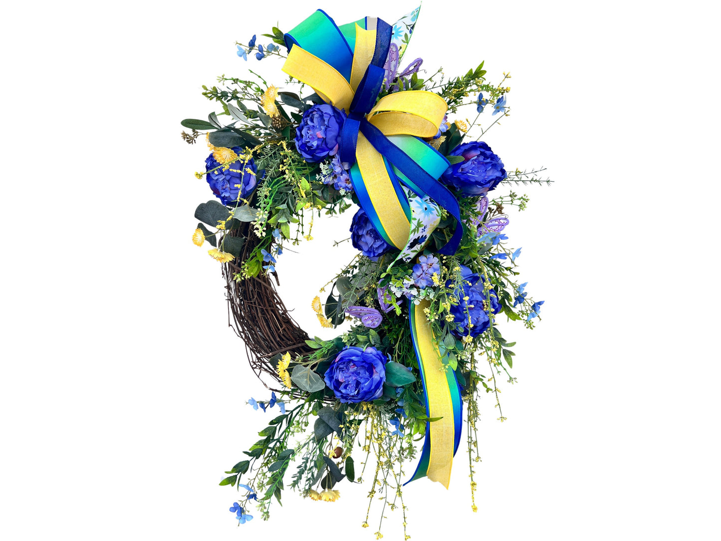 Blue Peony Wreath: Floral Grapevine, Summer Farmhouse Decor