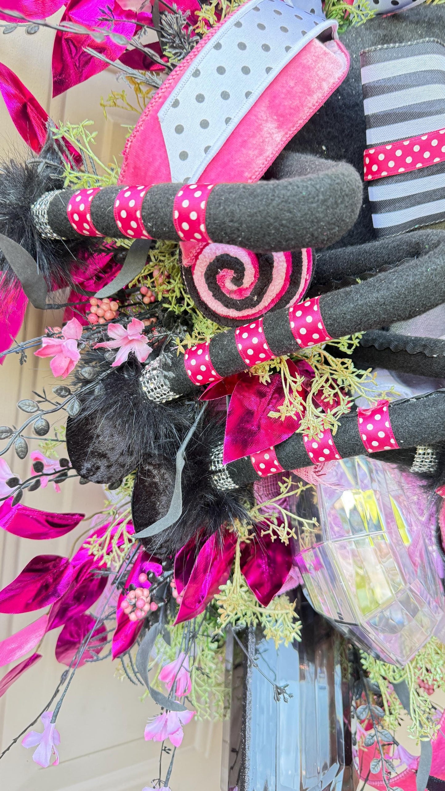 Pink & Black Spider Wreath, Rhinestone Spider, Designer Ribbon Bow, Halloween Luxury Door Decoration