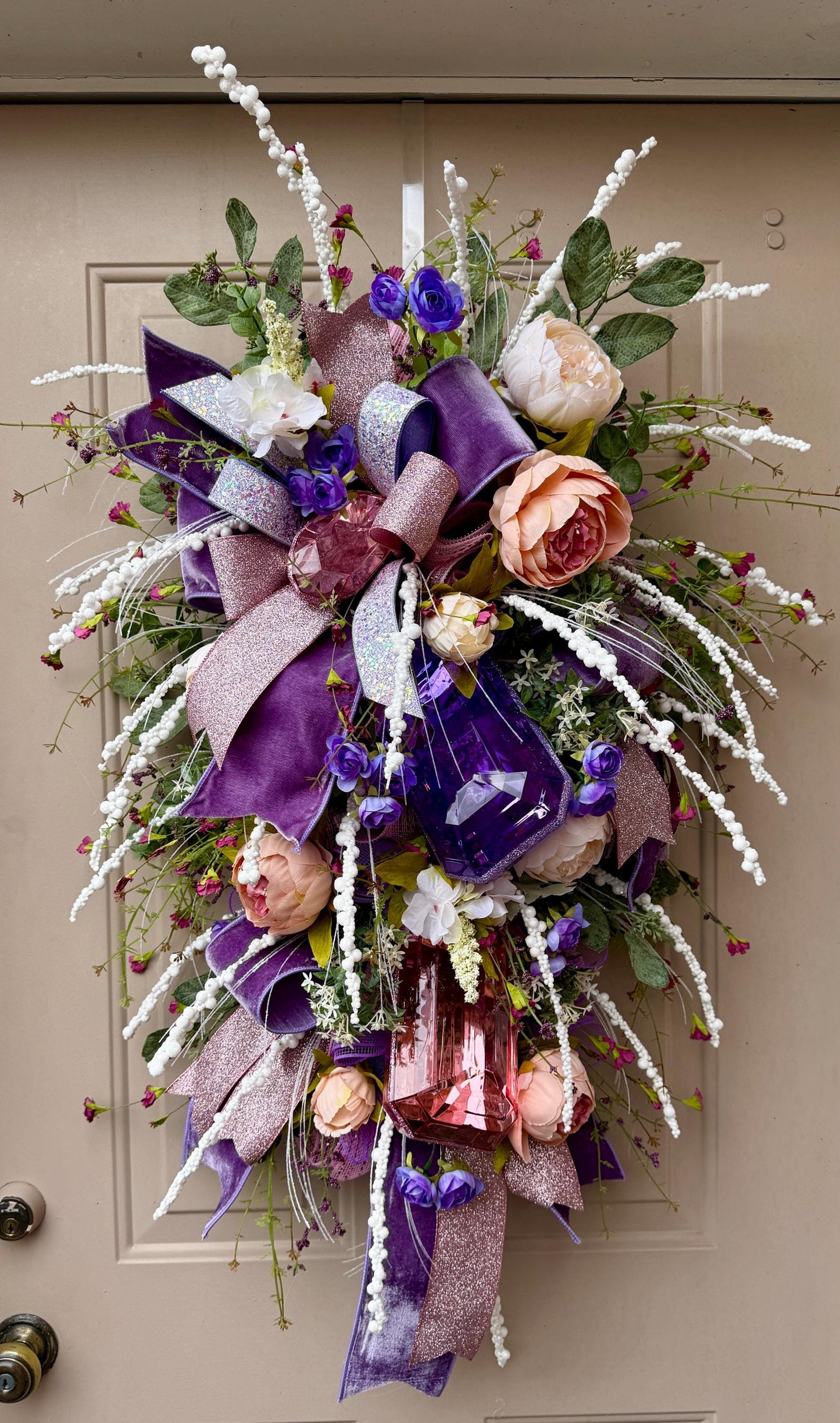 Floral Swag: Purple, Blush Roses & Gem Accents - Luxury Home Decor