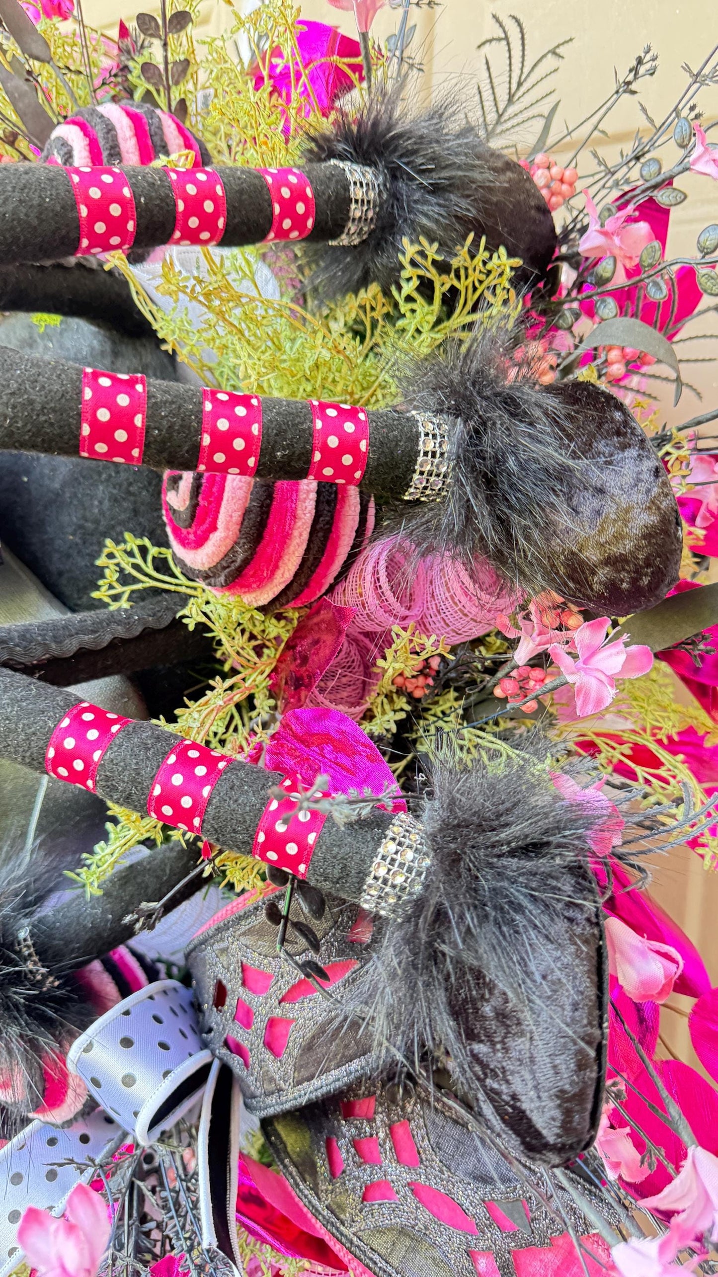 Pink & Black Spider Wreath, Rhinestone Spider, Designer Ribbon Bow, Halloween Luxury Door Decoration