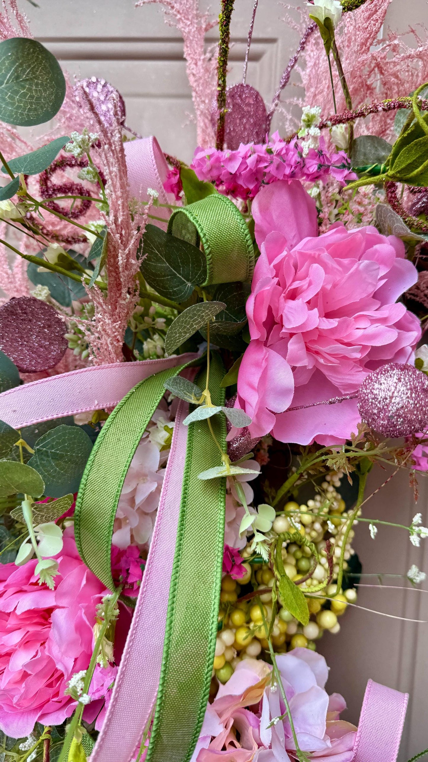 Floral Grapevine Wreath: Pink Wildflowers, Lace Bow, Farmhouse Decor