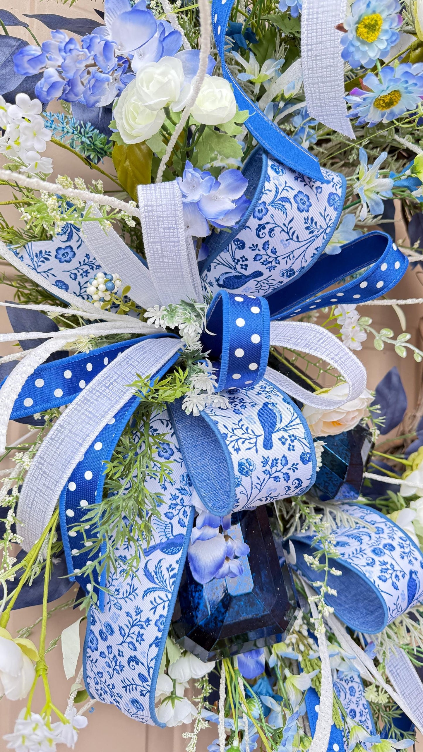 Blue Floral Wreath: French Countryside Decor, Silk Roses (24 inch)