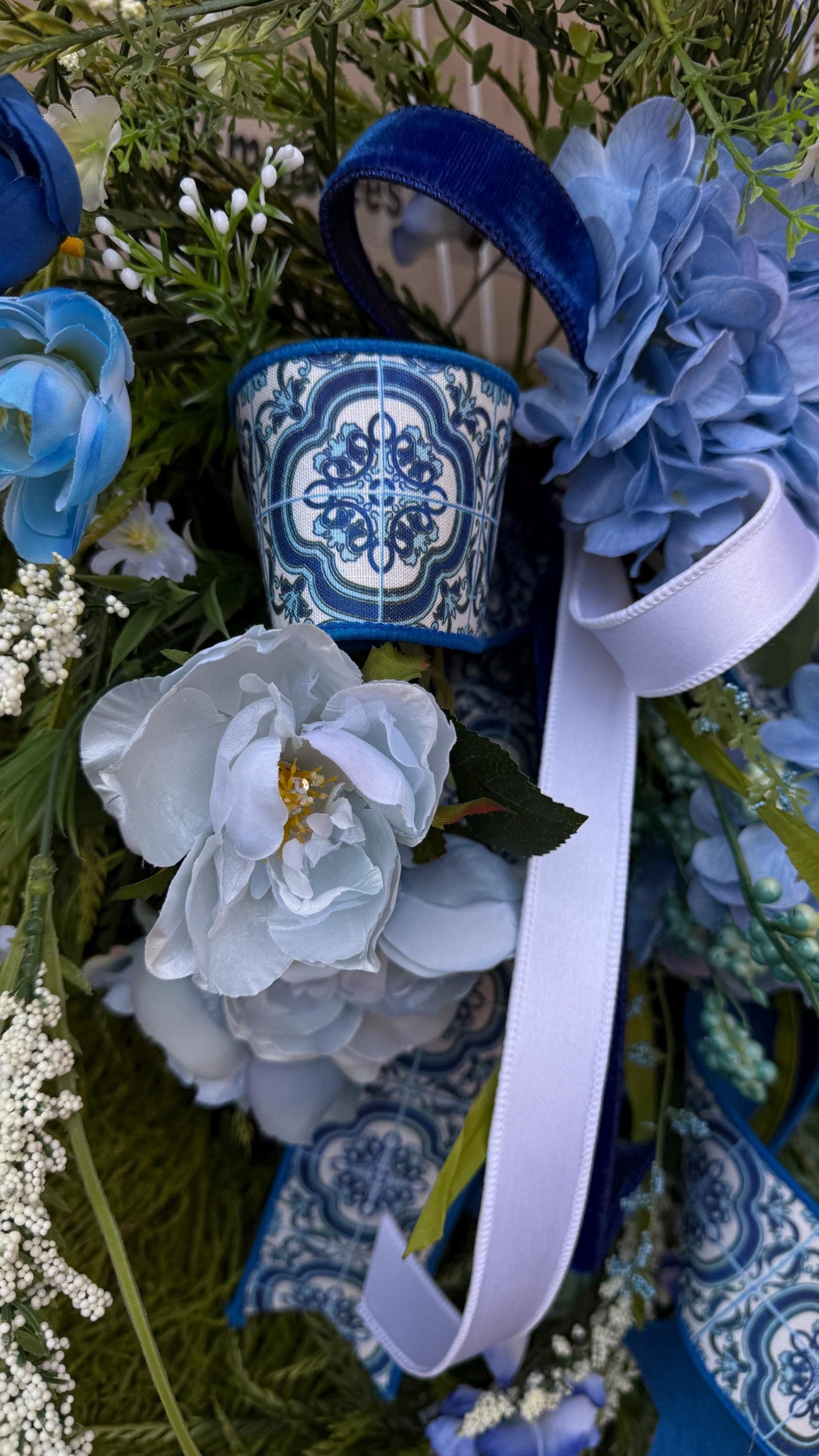 Blue Hydrangea Wreath: XL Moss Base, Chinoiserie Ribbon Door Decor
