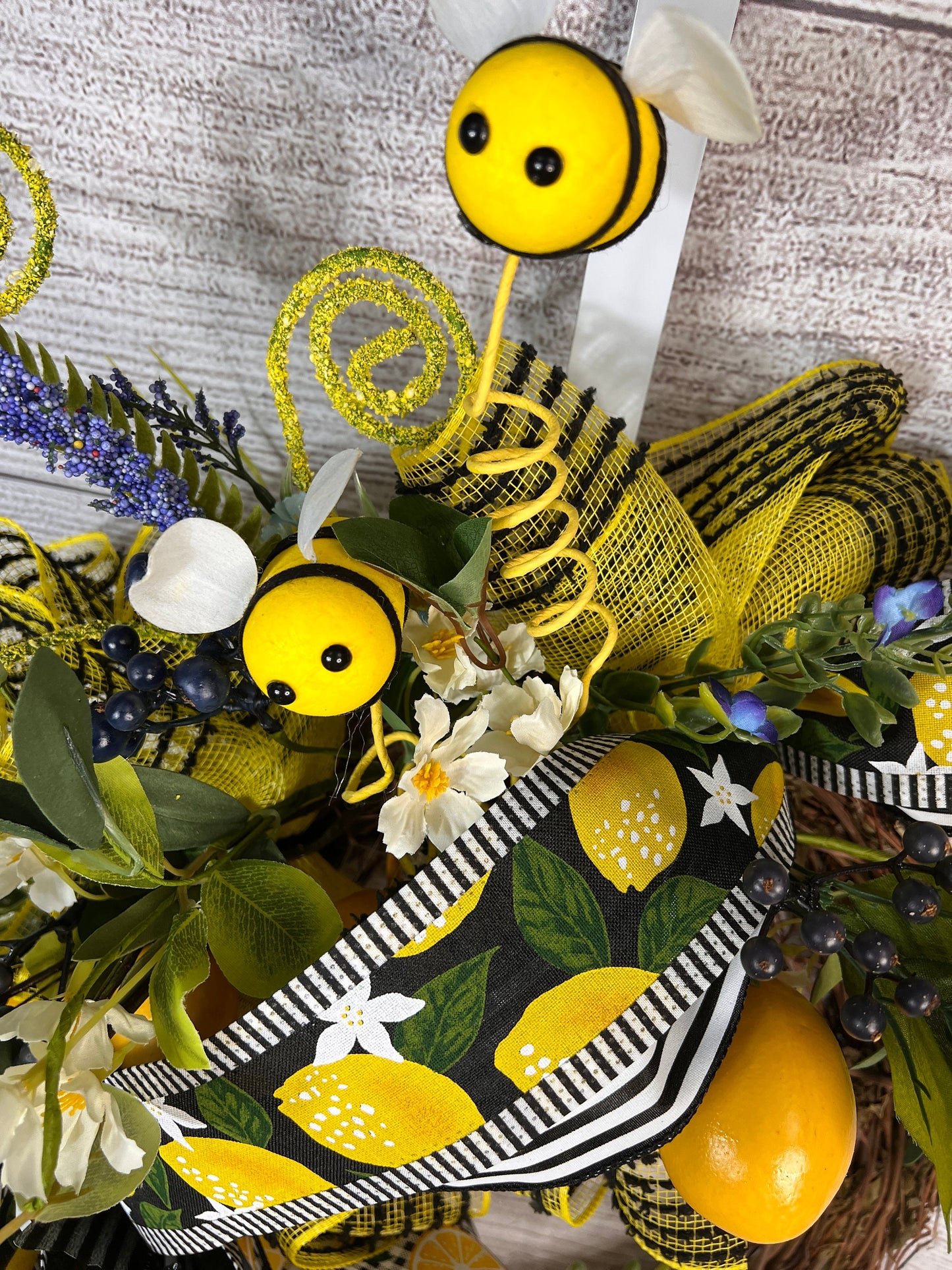 Black and Yellow Bee Wreath with Lemon Accents, Front Door Decor, Black and Yellow Bow